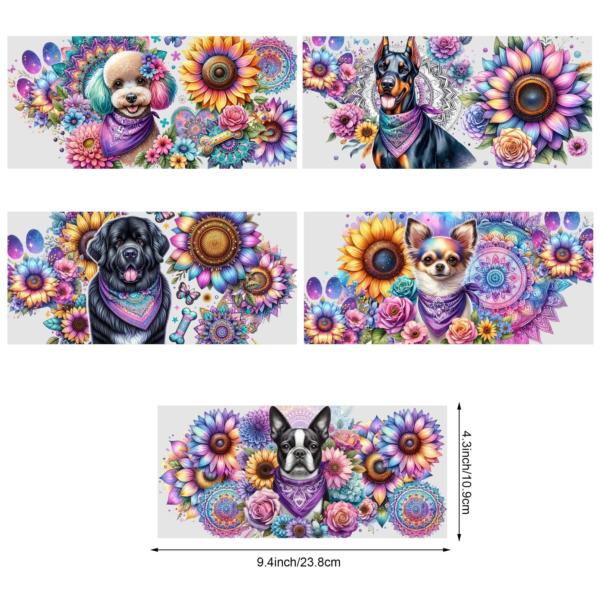 5 Sheets Sunflower Dog UV DTF Cup Stickers, Glass Cup DTF Transfer Stickers, Waterproof Funny Dog Wipeable Transfer Paper for 16 Ounces Glass Cups, Mugs, Crafts, Furniture