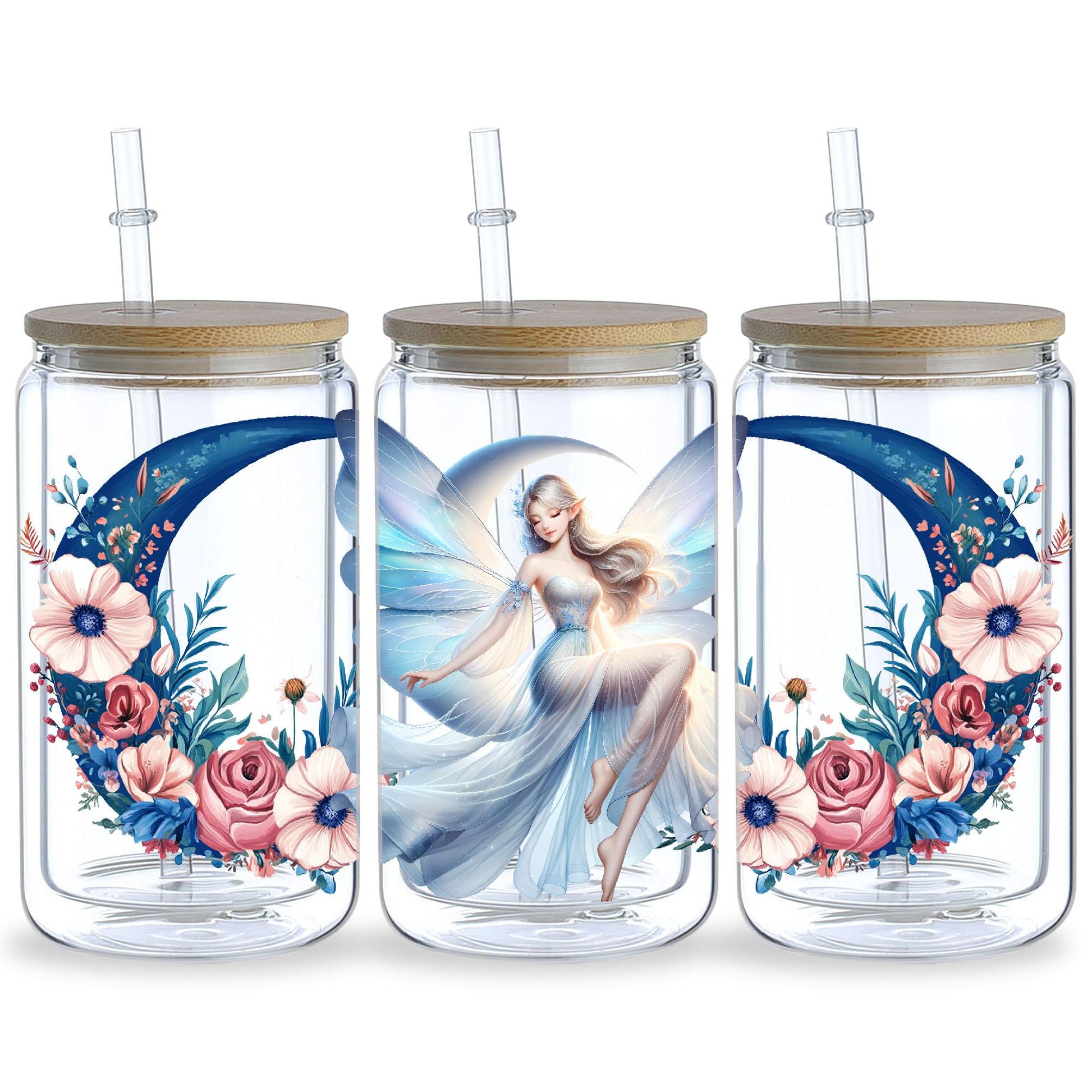5 Sheets Moon Fairy UV DTF Cup Stickers, Glass Cup DTF Transfer Stickers, Waterproof Magic Moon Fairy Wipeable Transfer Paper for 16 Ounces Glass Cups, Mugs, Crafts, Furniture