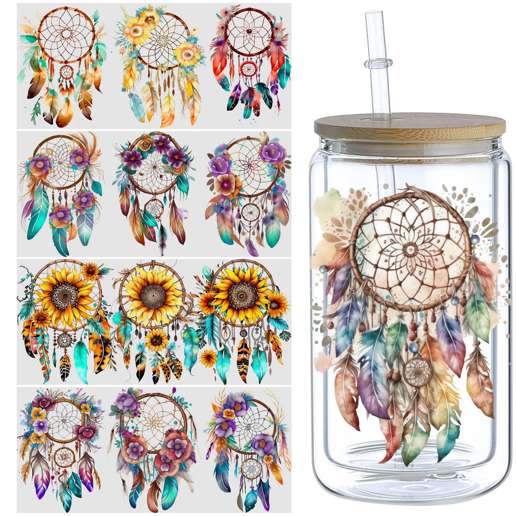 5 sheets Feathers Bohemian Dream Catcher UV DTF Cup Stickers, Glass Sports DTF Transfer Stickers, Waterproof Wipe-On Transfer Film for 16 oz Glass, Mugs, Crafts, Furniture