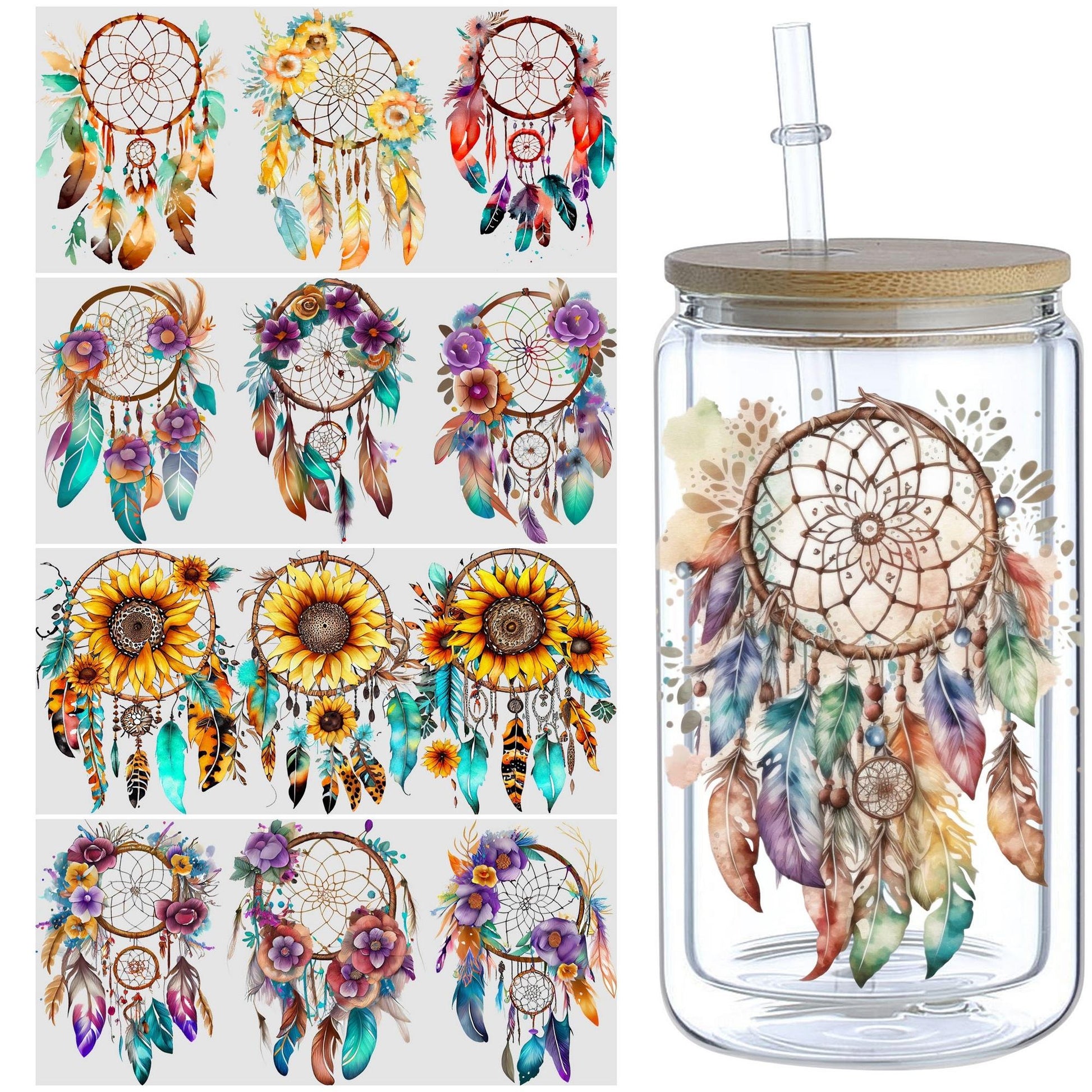 5 sheets Feathers Bohemian Dream Catcher UV DTF Cup Stickers, Glass Sports DTF Transfer Stickers, Waterproof Wipe-On Transfer Film for 16 oz Glass, Mugs, Crafts, Furniture