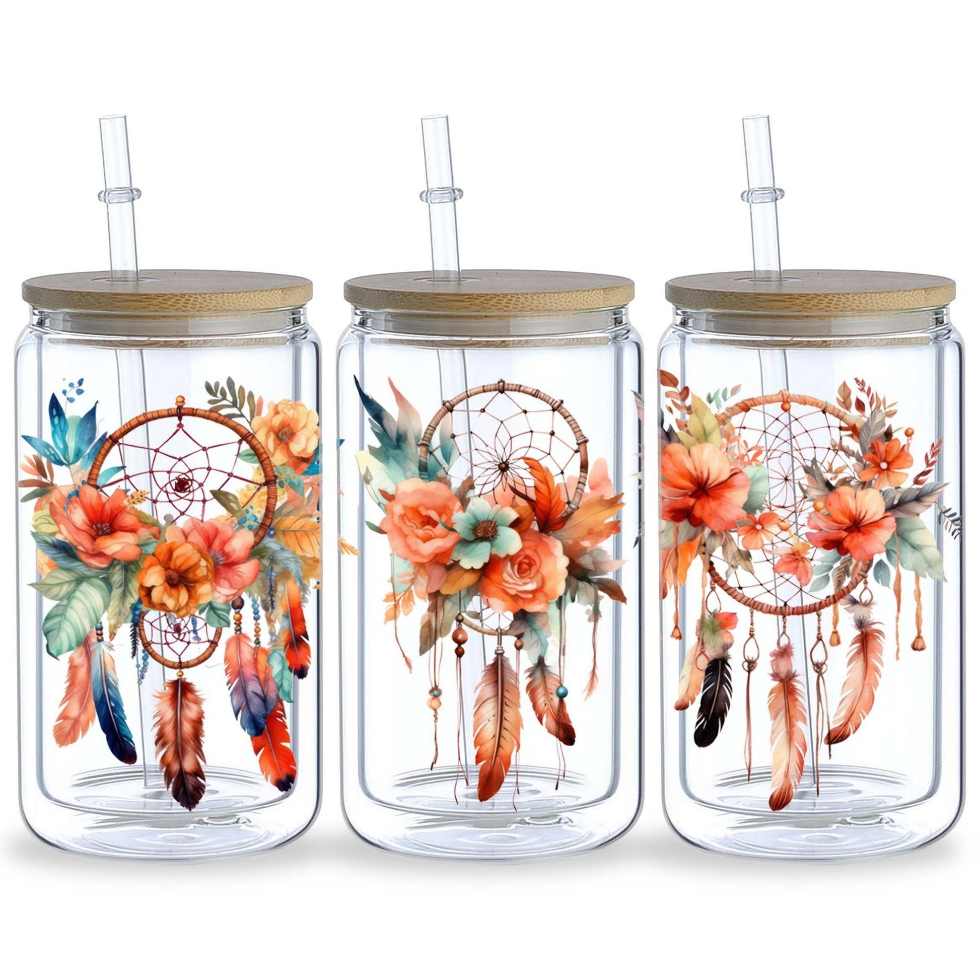 5 sheets Feathers Bohemian Dream Catcher UV DTF Cup Stickers, Glass Sports DTF Transfer Stickers, Waterproof Wipe-On Transfer Film for 16 oz Glass, Mugs, Crafts, Furniture