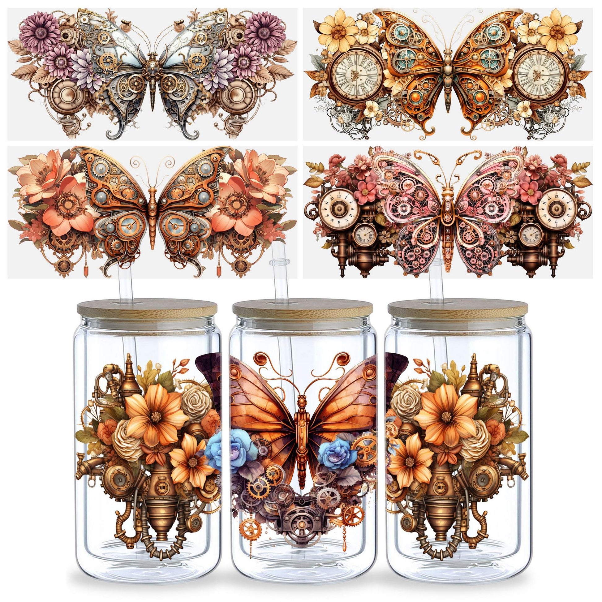 5 Sheets Steampunk UV DTF Cup Stickers 16 oz, DTF Friction Transfer Stickers, Waterproof Steampunk Butterfly, Dragon Stickers for DIY, Furniture, Crafts