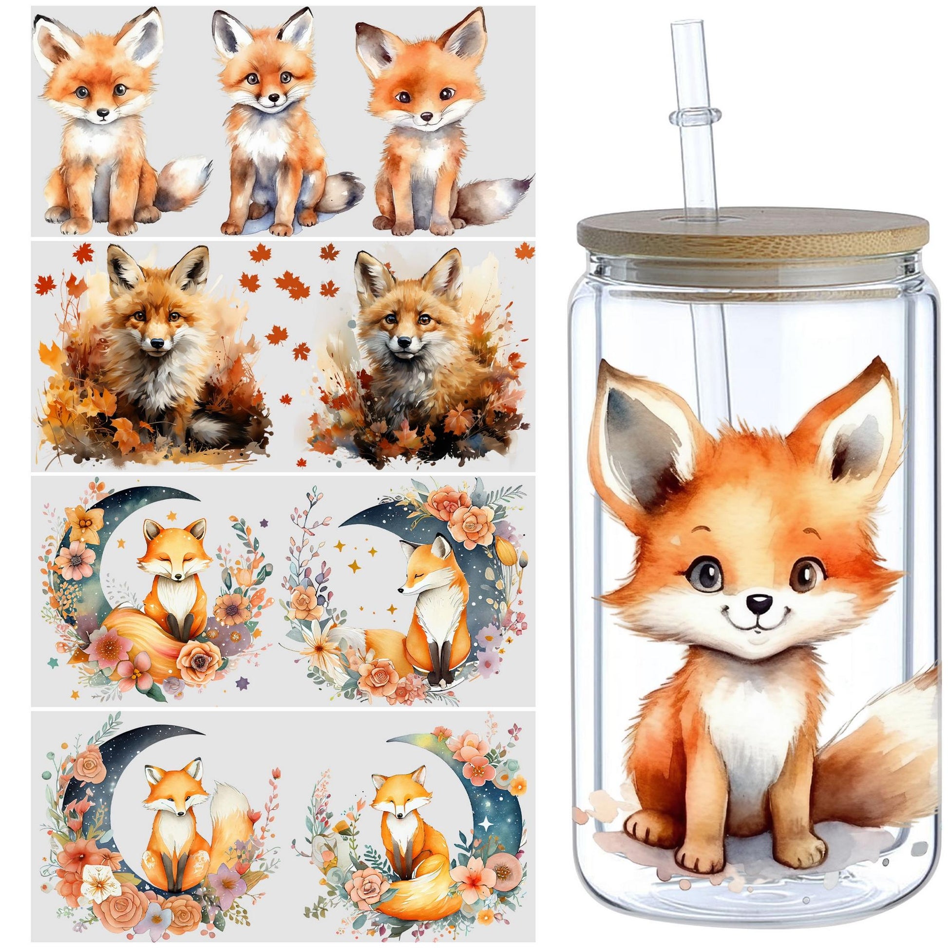 5 Sheets Fox UV DTF Mug Stickers, Glass Sports DTF Transfer Stickers, Waterproof Cute Fox Wipe-On Transfers for 16 oz Glass, Mugs, Crafts, Furniture
