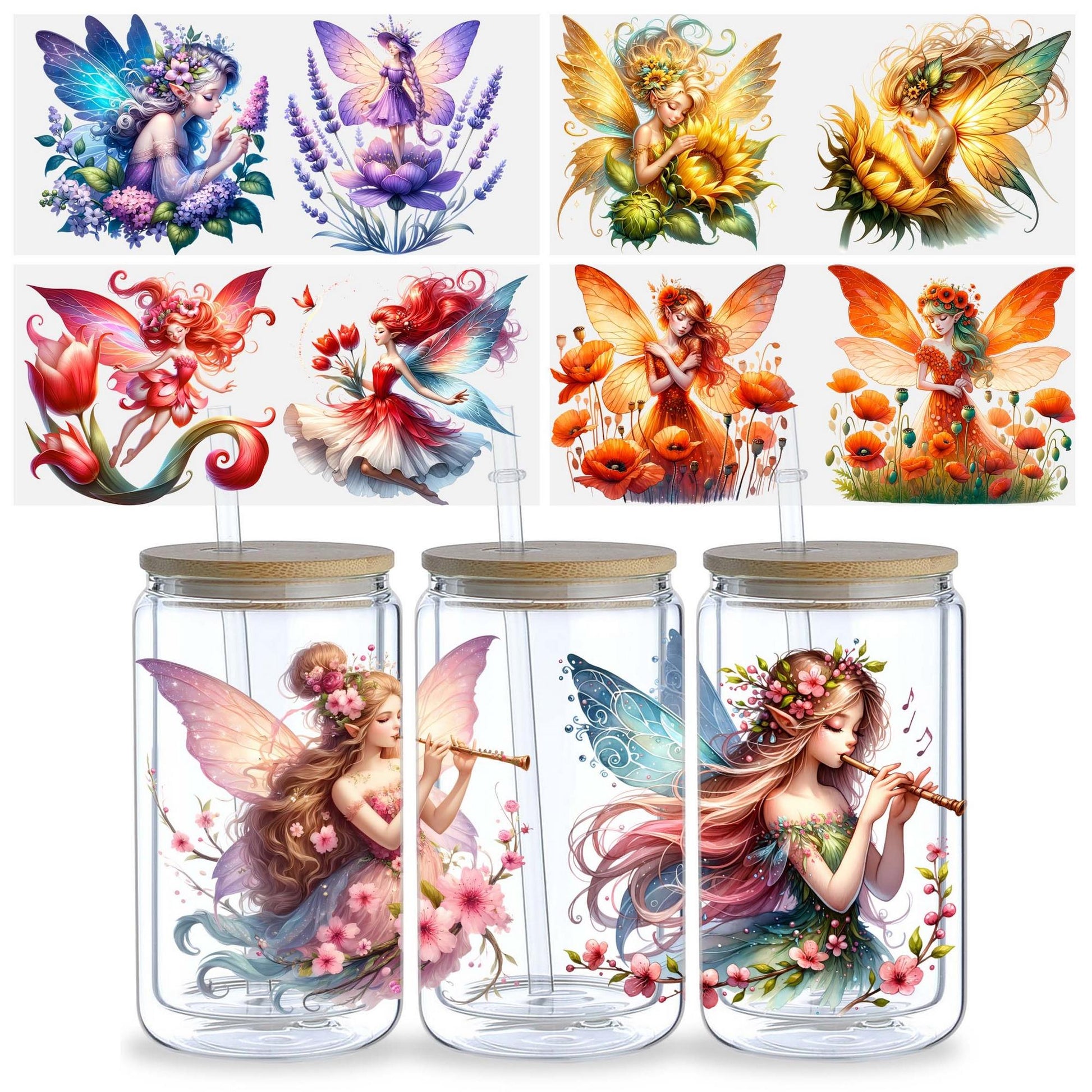 5pcs Vibrant Flower Fairy UV DTF Stickers for 16oz Glass Cups - Waterproof & Scratch-Resistant, Easy DIY Application, Perfect for Crafts, Furniture & Metal Surfaces, Flower Vinyl Stickers