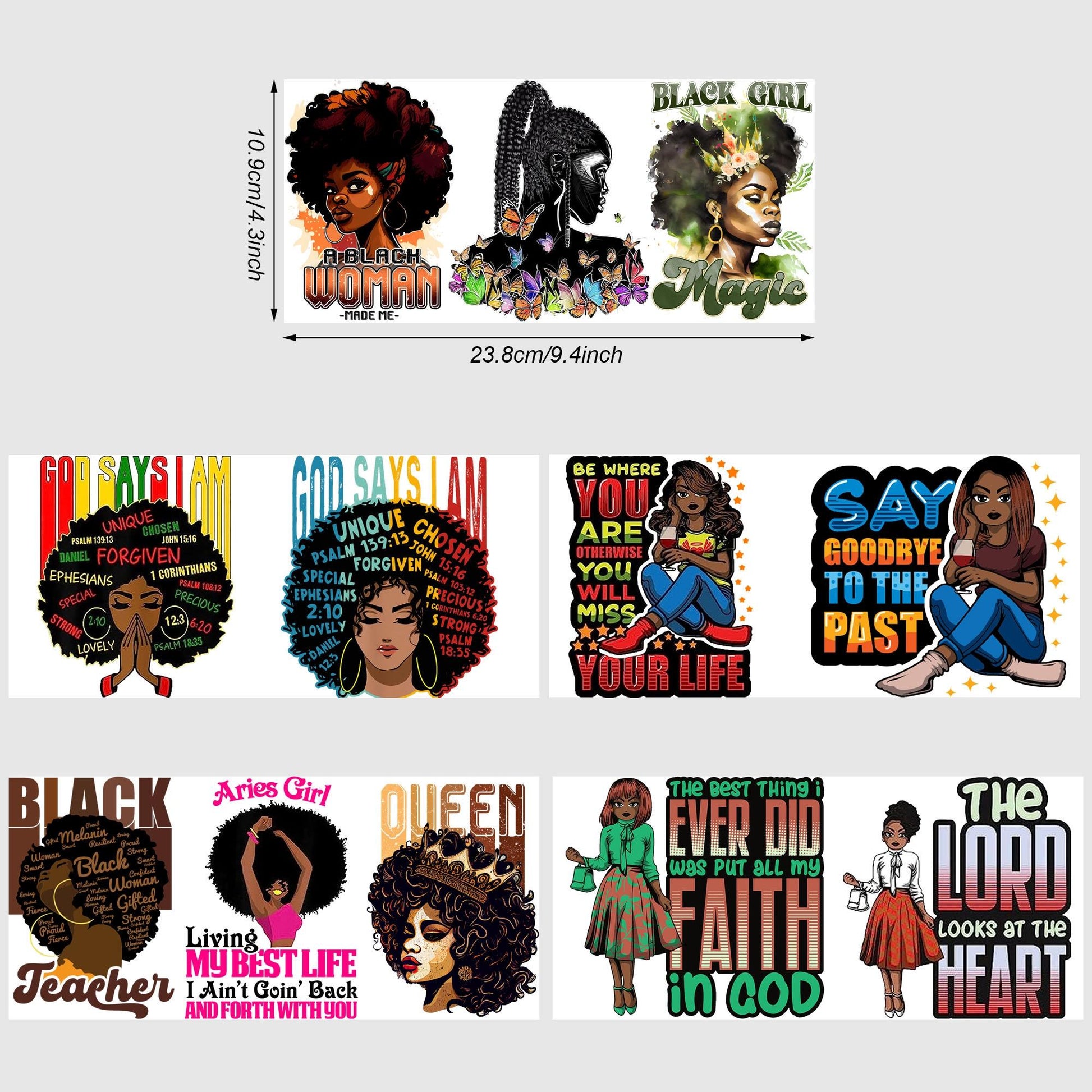 5 sheets black woman UV DTF cup stickers, glass sports DTF transfer stickers, waterproof wipe transfer paper for 16 oz glass, mugs, crafts, furniture