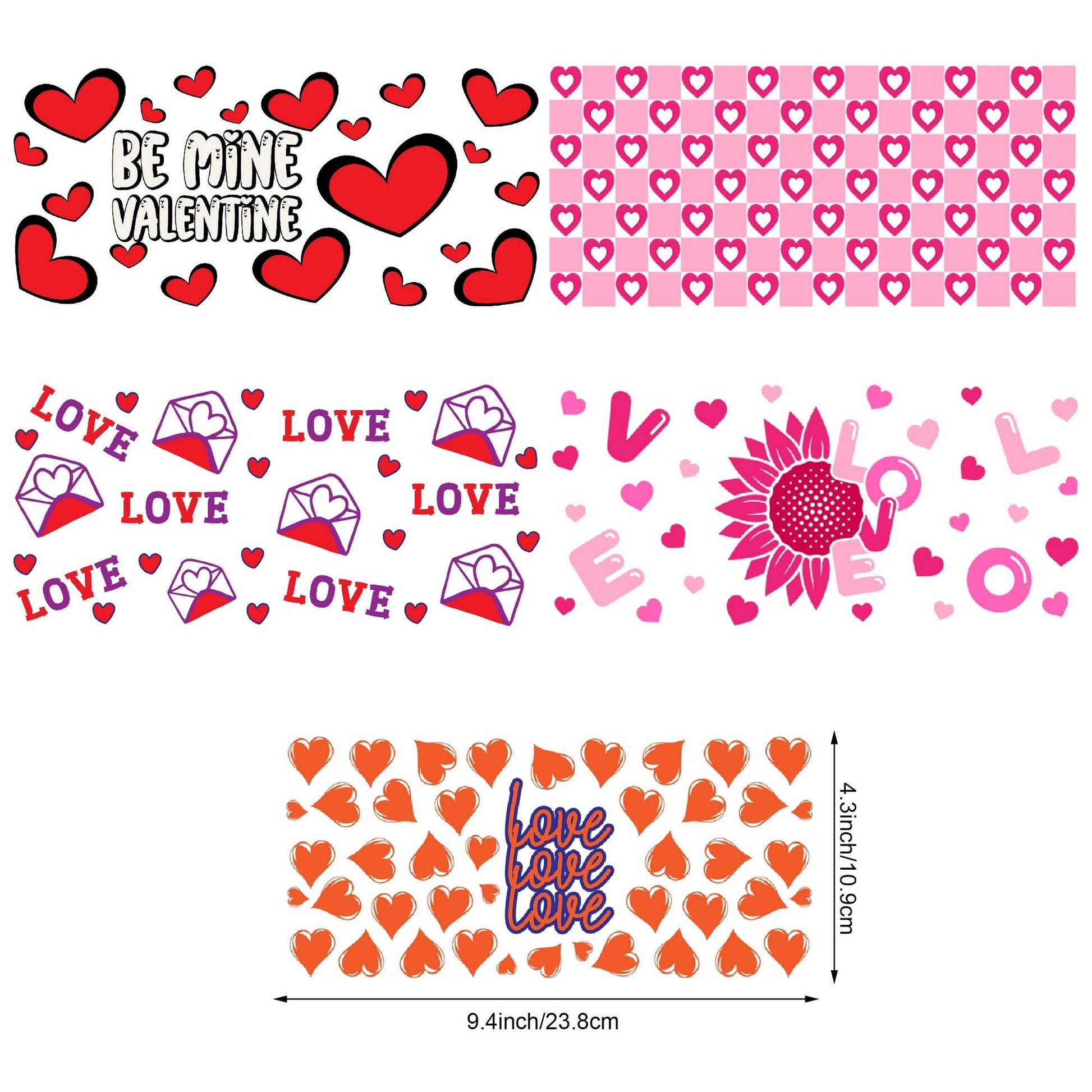 5 sheep Valentine's Day Hearts UV DTF Cup Wrap Glass Transfer Stickers, 16 oz Cup Printing Decal, Suitable for DIY Making