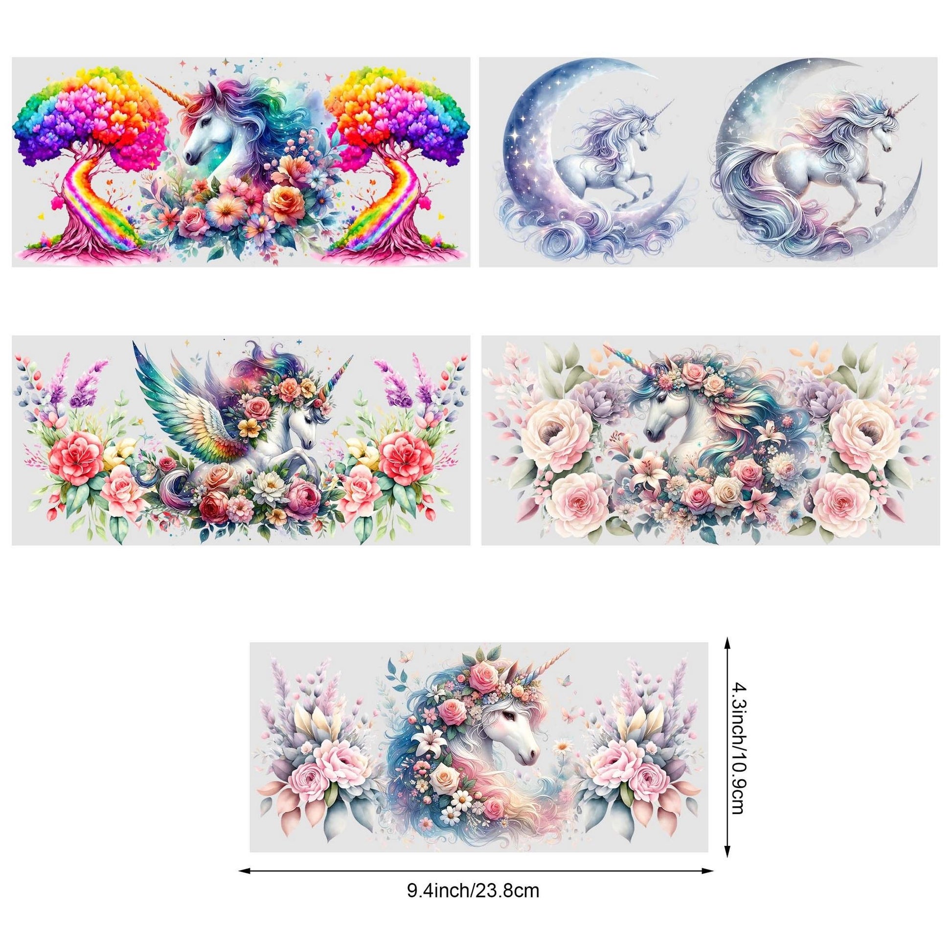 5 Sheets Unicorn UV DTF Cup Holder 16 oz, Beautiful Unicorn DTF Cup Holder Transfer Glass, Water Bottle Waterproof Sticker, Friction Transfer Sticker, Furniture Crafts