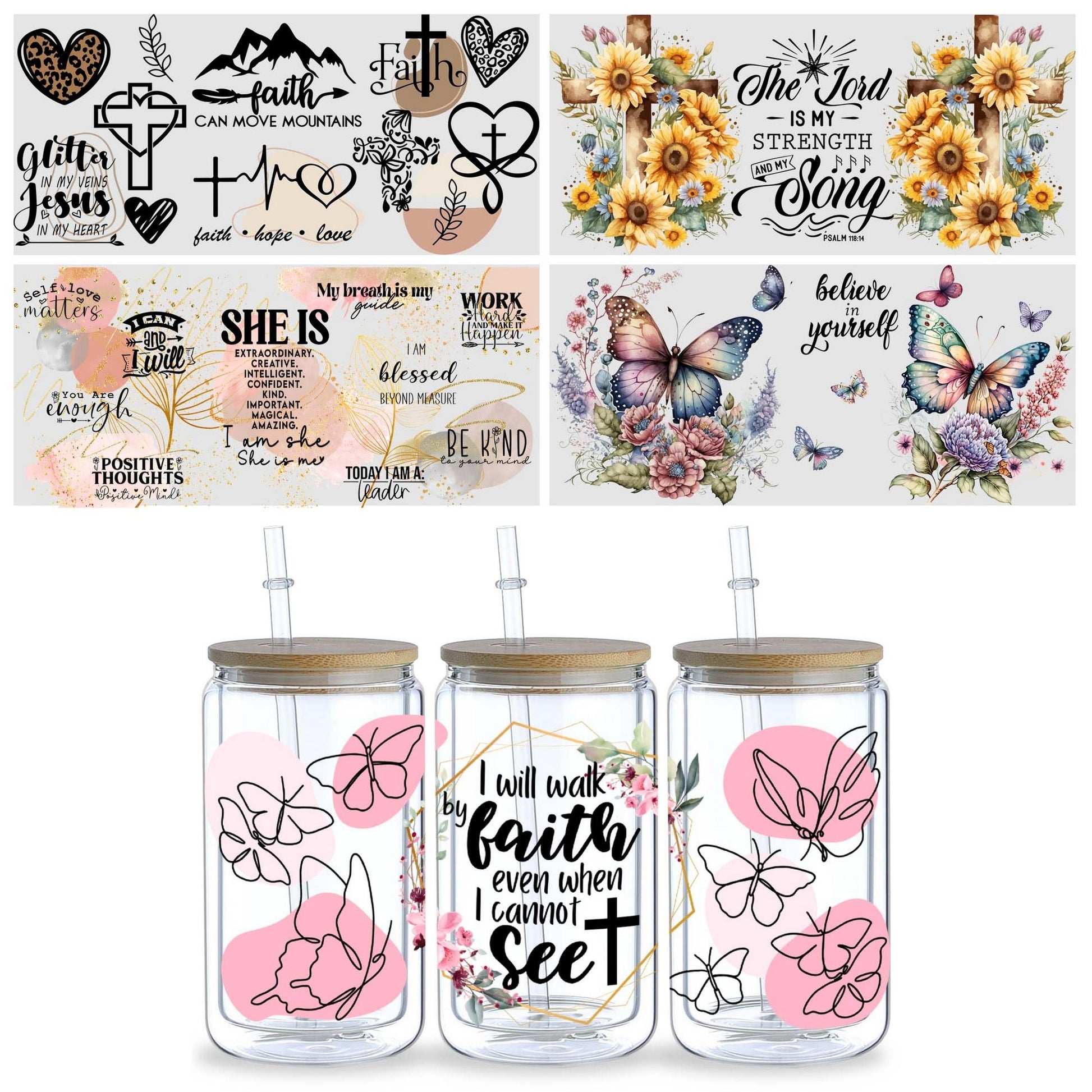 5 Sheets Flower UV DTF Glass Cup Wrap Transfer Stickers, DTF Transfer Stickers, Waterproof Butterfly Wipe-On Transfer