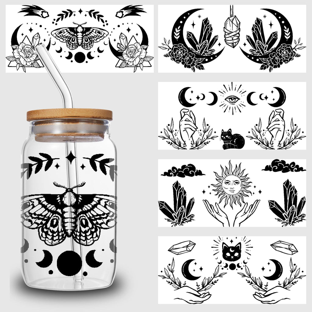 5 Sheets Simple Cartoon UV DTF Glass Cup Wrap Transfer Stickers, DTF Transfer Stickers, Waterproof Wipe Transfer Stickers For 16 Ounces Glass, Cups, Crafts