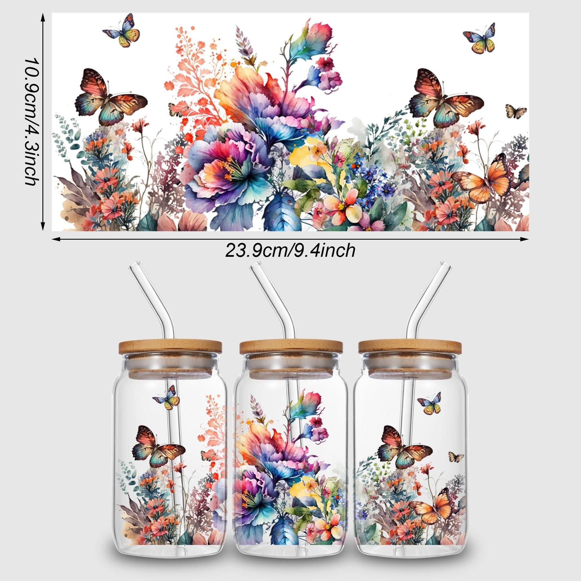 5sheets Butterfly And Flower UV Waterproof Self-Adhesive Paper For Cups And Water Bottle Stickers, DTF Grade Stickers For 16 Oz Glass