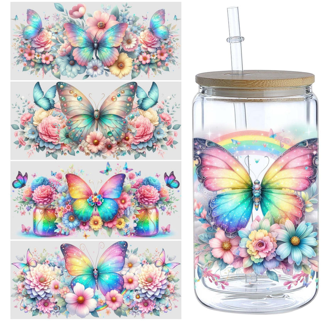 5 Sheets Butterfly UV DTF Glass Cup Wrap Transfer Stickers, DTF Transfer Stickers, Waterproof Wipe-Off Transfer