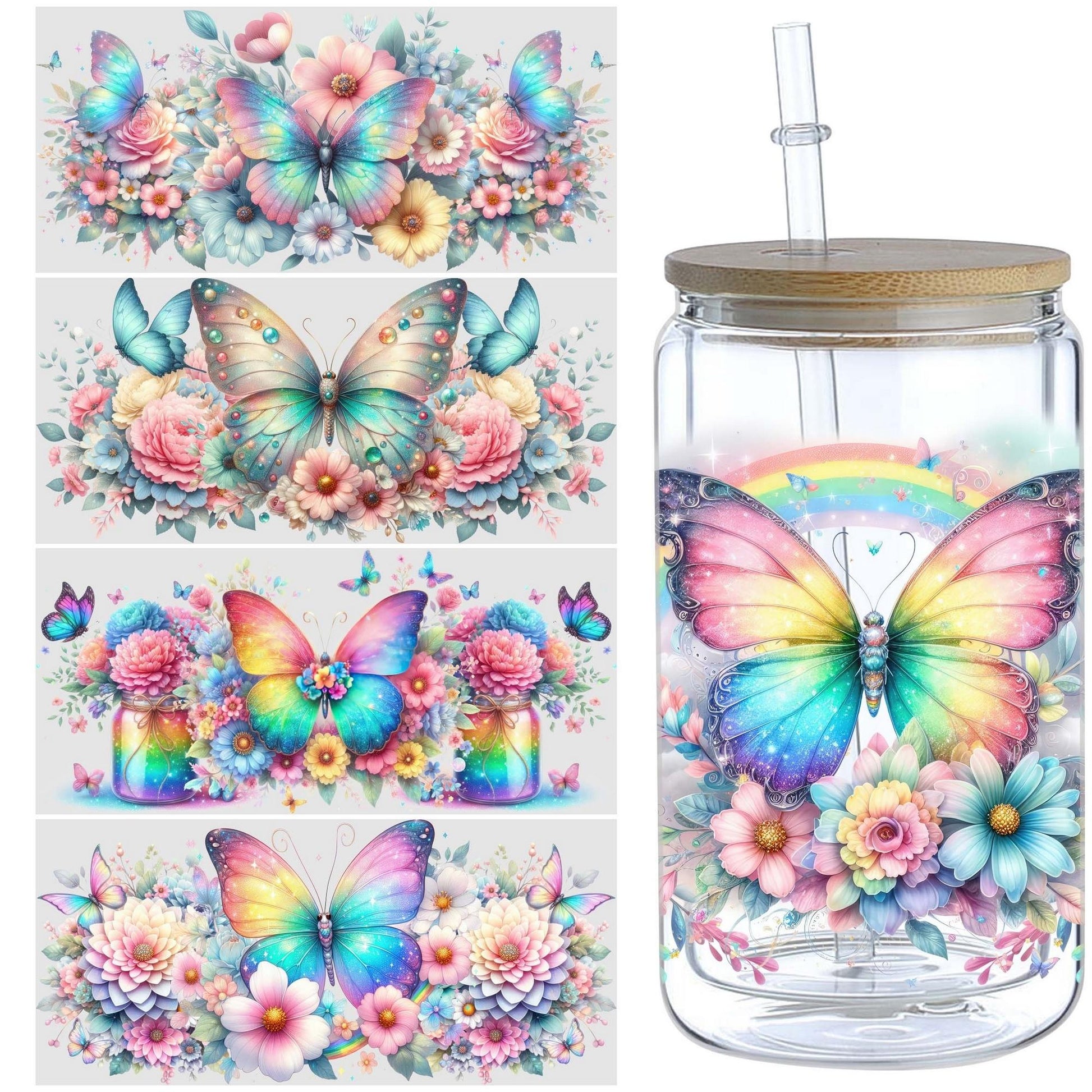 5 Sheets Butterfly UV DTF Glass Cup Wrap Transfer Stickers, DTF Transfer Stickers, Waterproof Wipe-Off Transfer