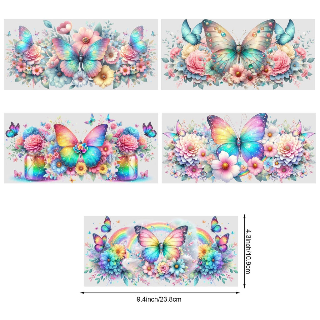 5 Sheets Butterfly UV DTF Glass Cup Wrap Transfer Stickers, DTF Transfer Stickers, Waterproof Wipe-Off Transfer