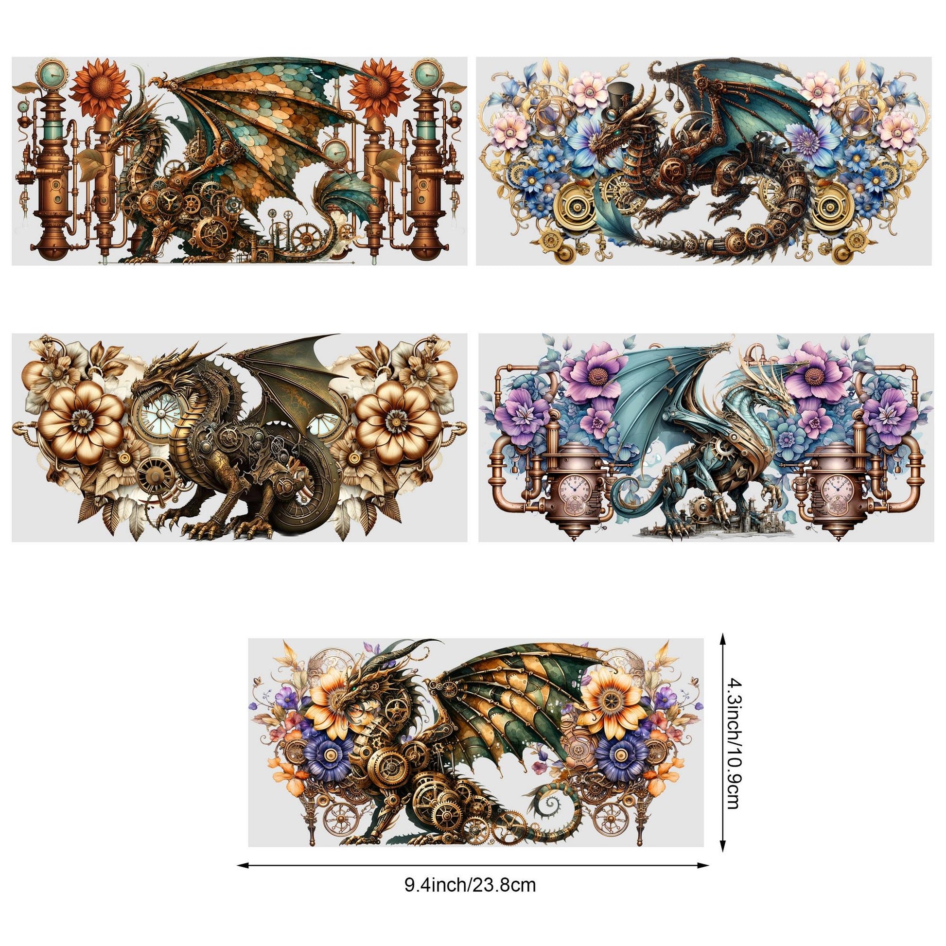 5 Sheets Steampunk UV DTF Cup Stickers 16 oz, DTF Friction Transfer Stickers, Waterproof Steampunk Butterfly, Dragon Stickers for DIY, Furniture, Crafts