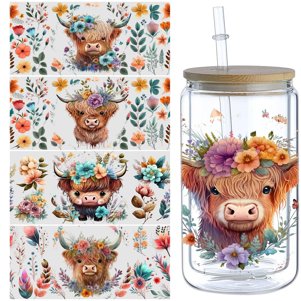 5 Sheets Cow Sunflower UV DTF Cup Stickers, Glass Movement DTF Transfer Stickers, Waterproof Beautiful Wipe-On Transfers for 16 oz Glass, Mugs, Crafts, Furniture