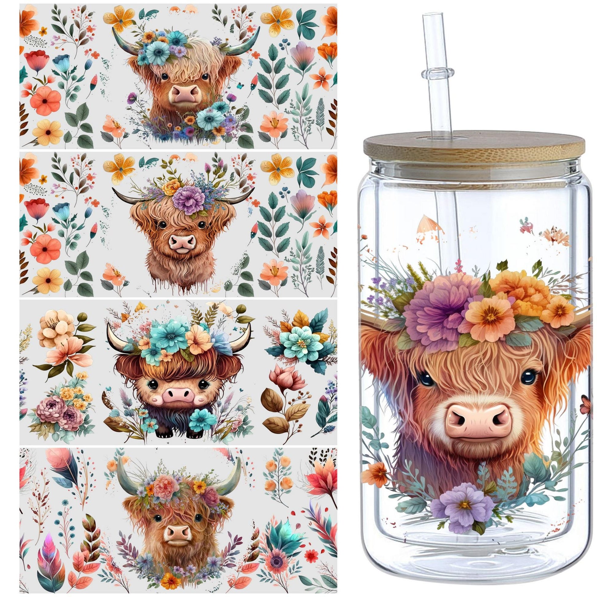 5 Sheets Cow Sunflower UV DTF Cup Stickers, Glass Movement DTF Transfer Stickers, Waterproof Beautiful Wipe-On Transfers for 16 oz Glass, Mugs, Crafts, Furniture