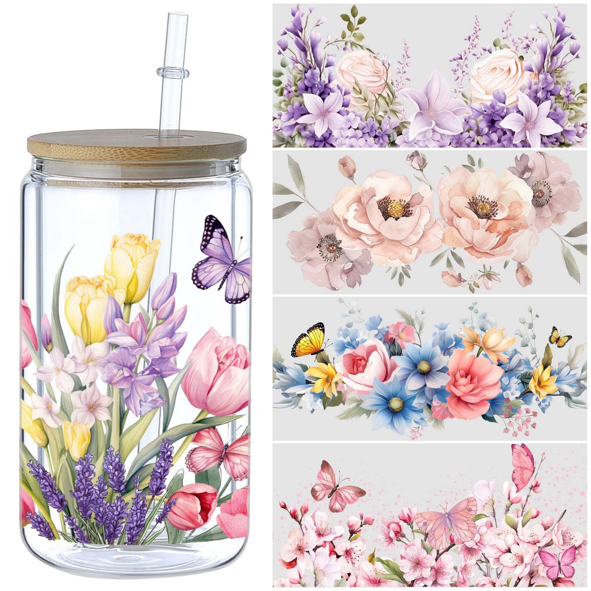 5 sheets flowers UV DTF Cup sticker, glass movement DTF transfer decal, waterproof wipe transfer paper, suitable for 16 oz glass, CUP, crafts, furniture
