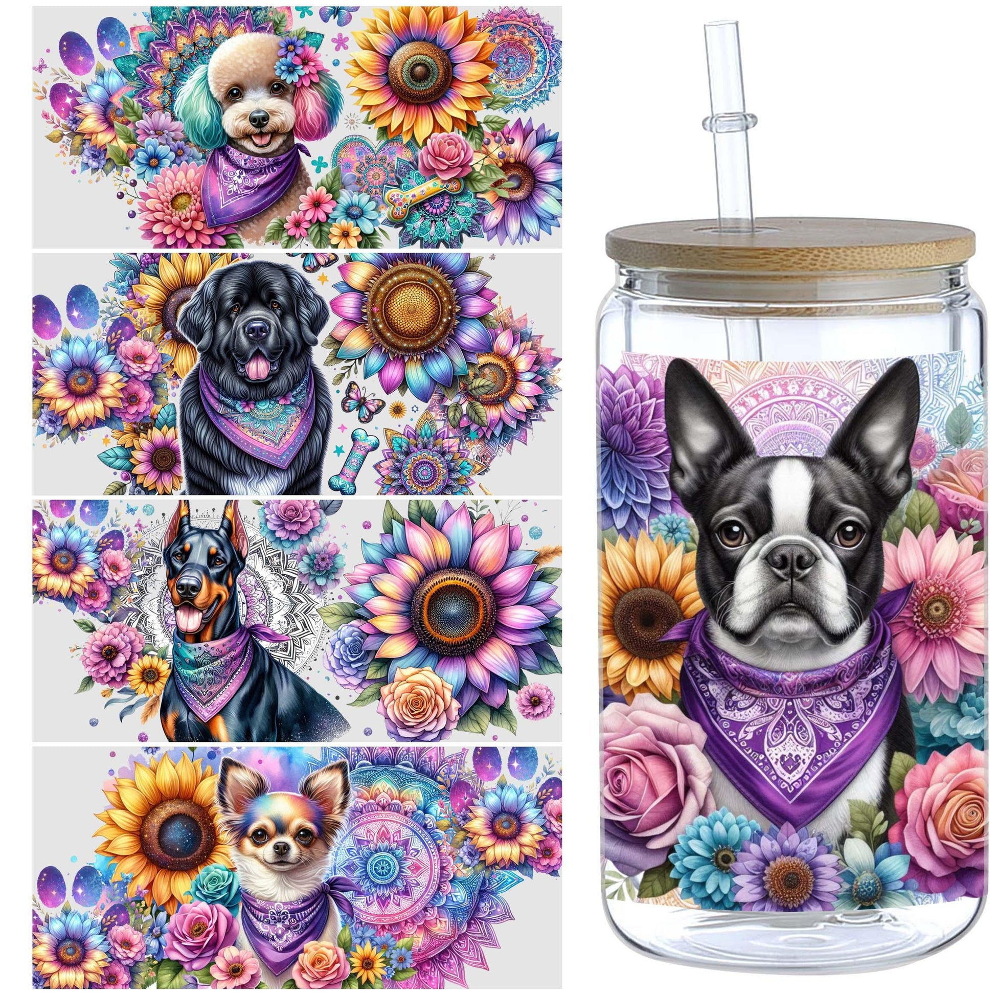 5 Sheets Sunflower Dog UV DTF Cup Stickers, Glass Cup DTF Transfer Stickers, Waterproof Funny Dog Wipeable Transfer Paper for 16 Ounces Glass Cups, Mugs, Crafts, Furniture