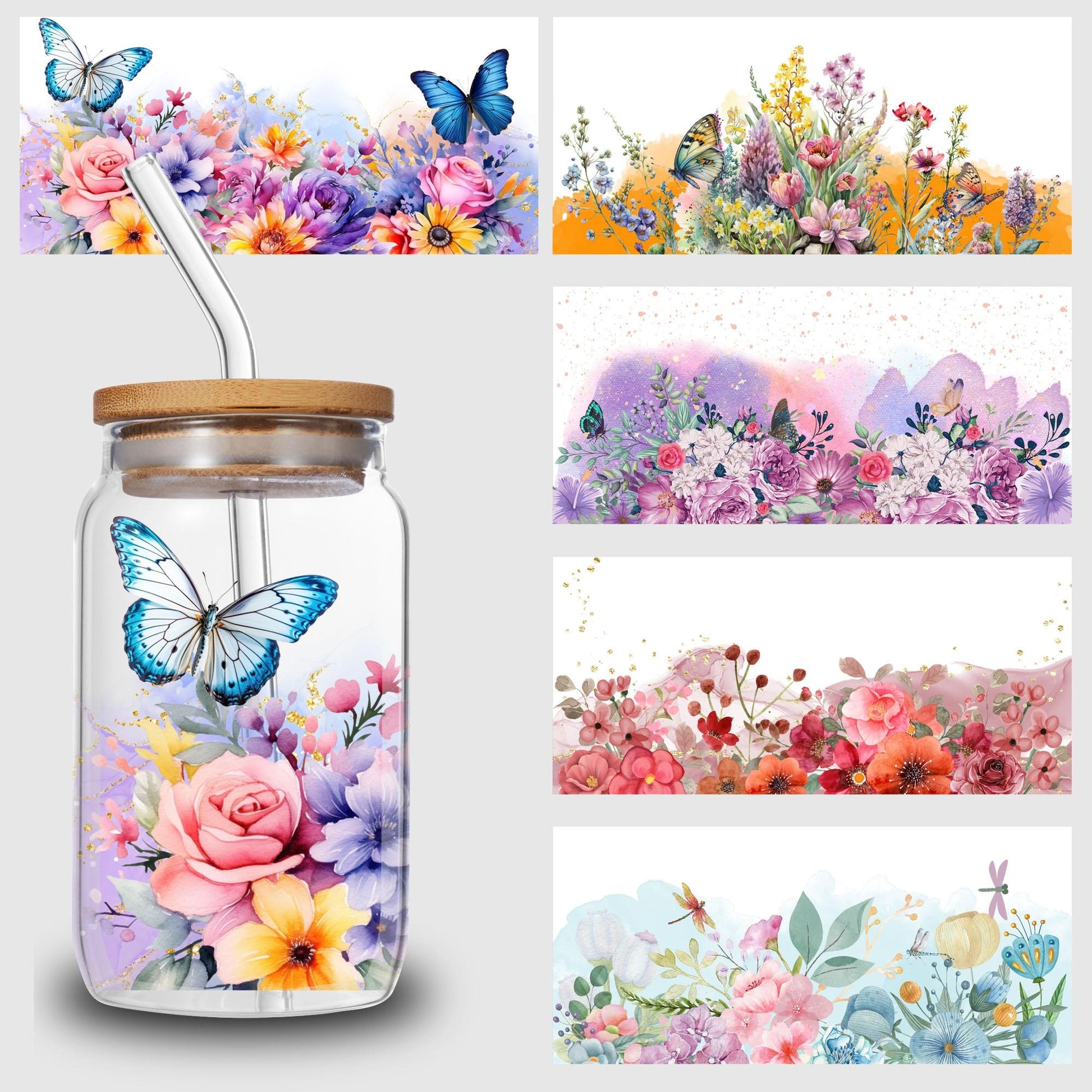 5 Sheets Butterfly and Flowers UV DTF Cup Stickers, Glass Sport DTF Transfer Stickers, Waterproof Plant Wipe Transfer Paper for 16 oz Glass, Mugs, Crafts, Furniture