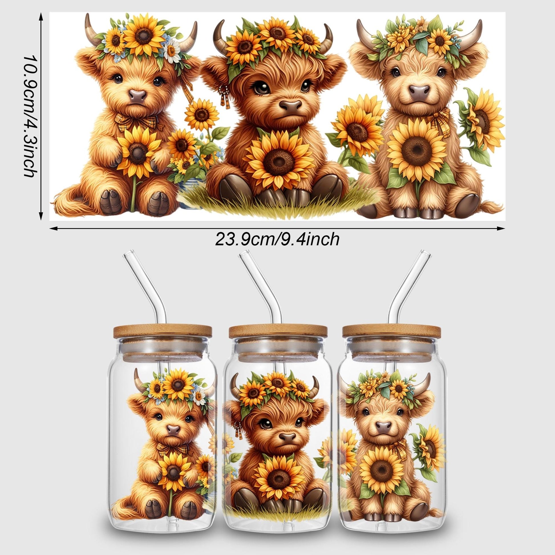 5 Sheets Cow Sunflower UV DTF Cup Stickers, Glass Movement DTF Transfer Stickers, Waterproof Beautiful Wipe-On Transfers for 16 oz Glass, Mugs, Crafts, Furniture