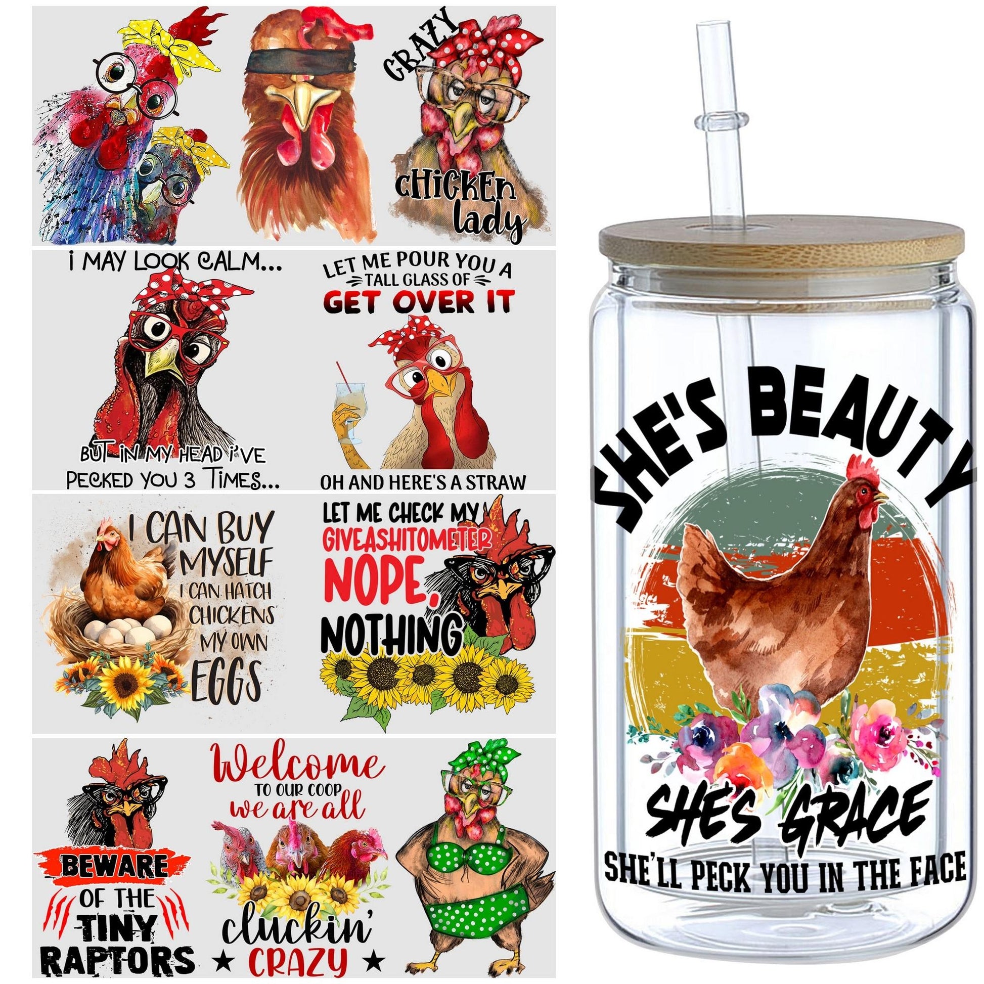 5 Sheets chicken UV DTF Cup Wrap,Sport DTF Transfer Stickers for Glass Cup,Waterproof funny chick Rub on Transfers for 16 oz Glass,Mugs,Crafts,Furnitures