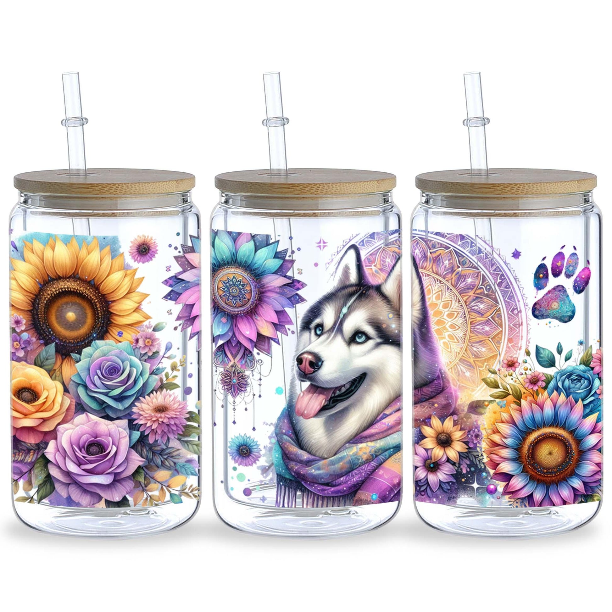 5 Sheets Sunflower Dog UV DTF Cup Stickers, Glass Cup DTF Transfer Stickers, Waterproof Funny Dog Wipeable Transfer Paper for 16 Ounces Glass Cups, Mugs, Crafts, Furniture