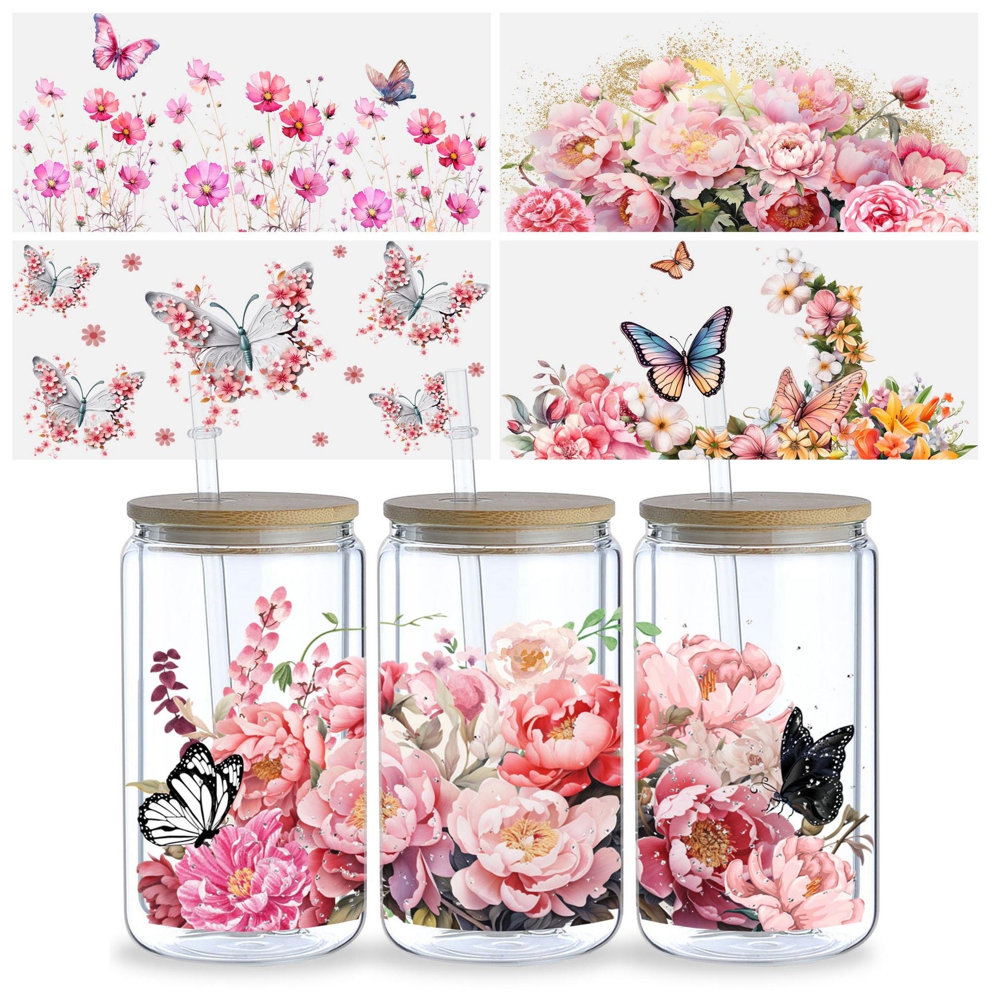 5 Sheets Butterfly and Flowers UV DTF Cup Stickers, Glass Movement DTF Transfer Stickers, Waterproof Wipe Transfer Paper for 16 oz Glass, Mugs, Crafts, Furniture
