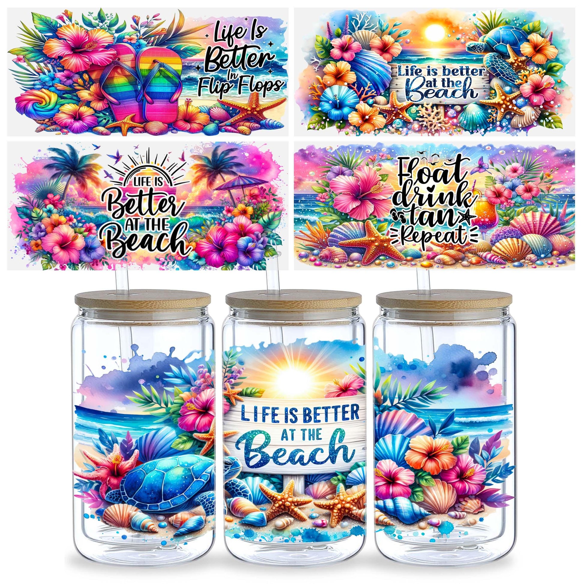5 sheets summer DTF cup stickers, glass cup DTF transfer stickers, waterproof sea wipeable transfer paper, suitable for 16 oz glasses, cups, crafts, furniture