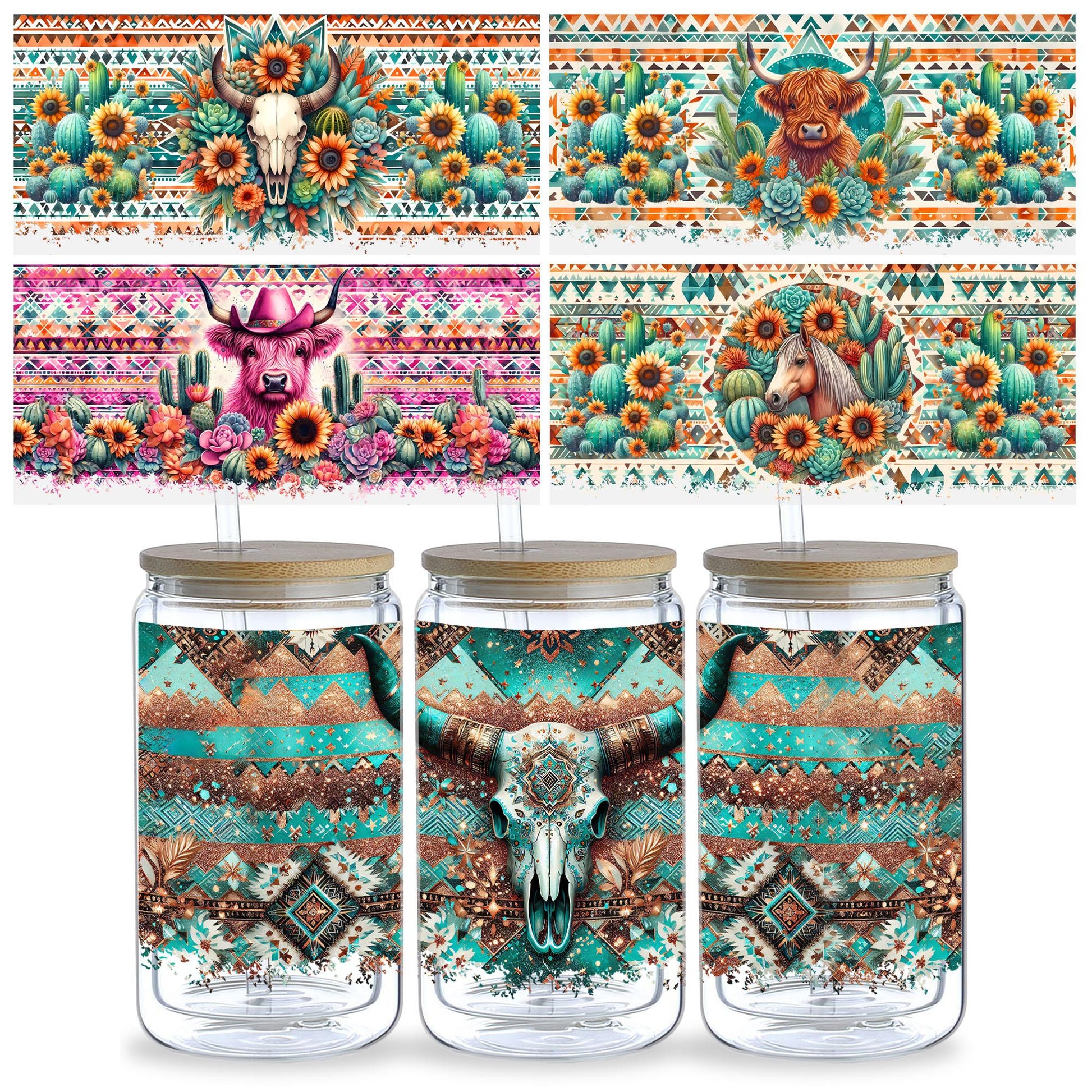 5 Sheets Aztec Animals Western Cactus DTF Cup Stickers, Glass Cup DTF Transfer Stickers, Waterproof Wipeable Transfer Paper for 16 Ounces Glass Cups, Mugs, Crafts, Furniture