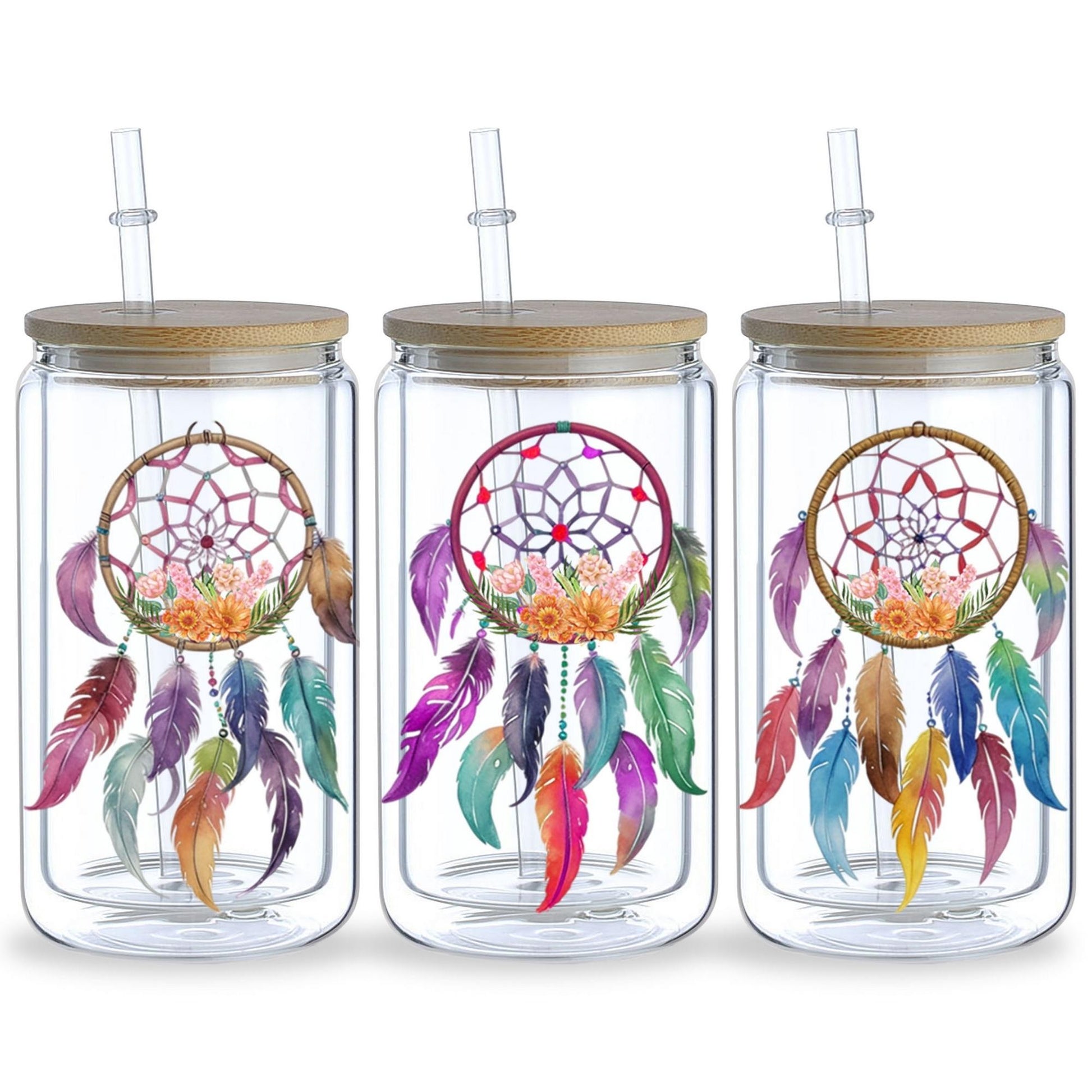 5 sheets Feathers Bohemian Dream Catcher UV DTF Cup Stickers, Glass Sports DTF Transfer Stickers, Waterproof Wipe-On Transfer Film for 16 oz Glass, Mugs, Crafts, Furniture