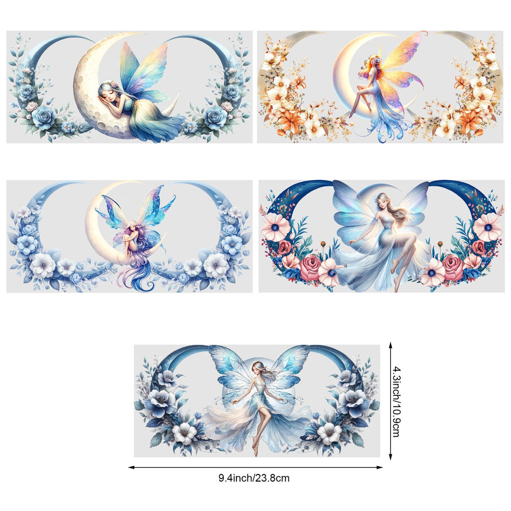5 Sheets Moon Fairy UV DTF Cup Stickers, Glass Cup DTF Transfer Stickers, Waterproof Magic Moon Fairy Wipeable Transfer Paper for 16 Ounces Glass Cups, Mugs, Crafts, Furniture