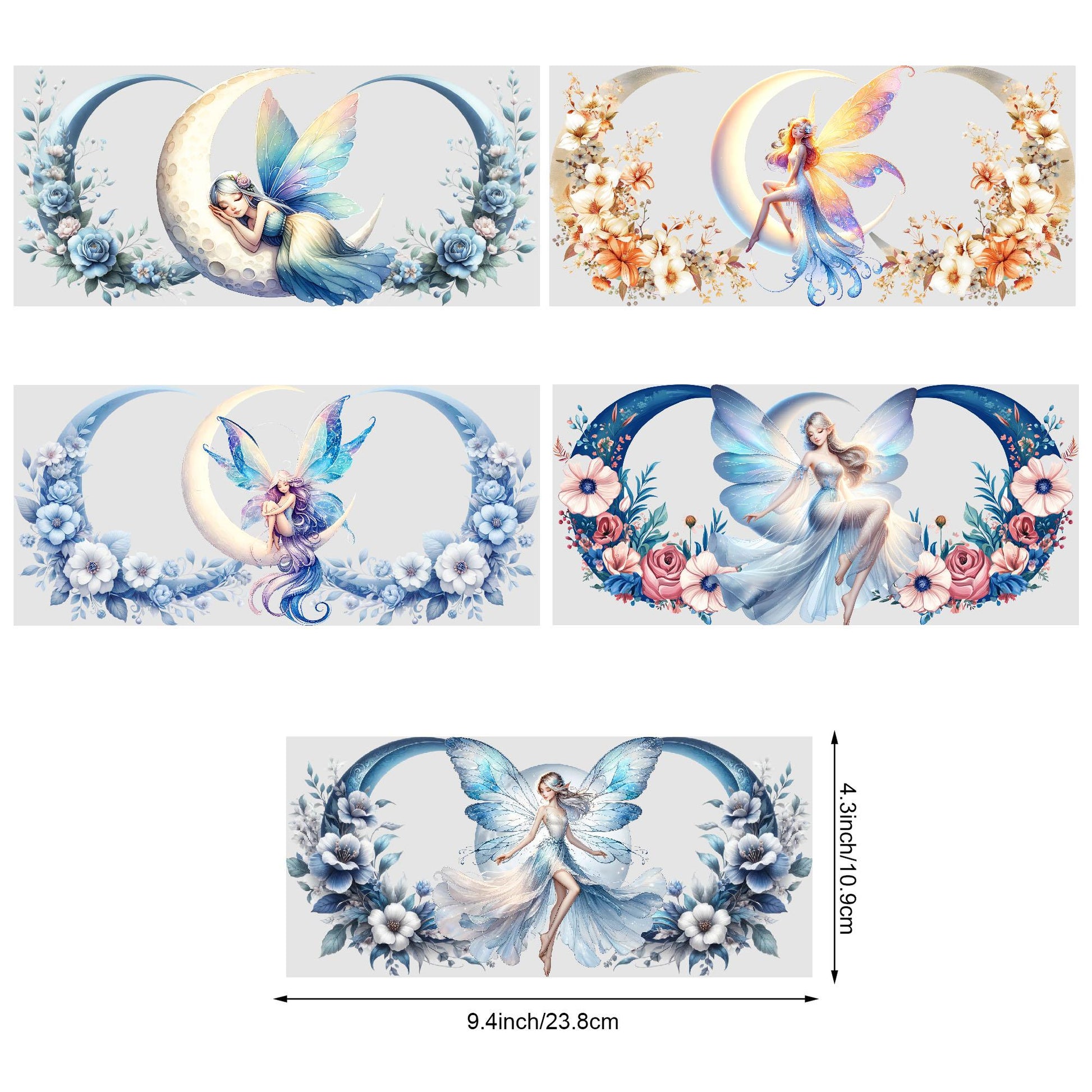 5 Sheets Moon Fairy UV DTF Cup Stickers, Glass Cup DTF Transfer Stickers, Waterproof Magic Moon Fairy Wipeable Transfer Paper for 16 Ounces Glass Cups, Mugs, Crafts, Furniture