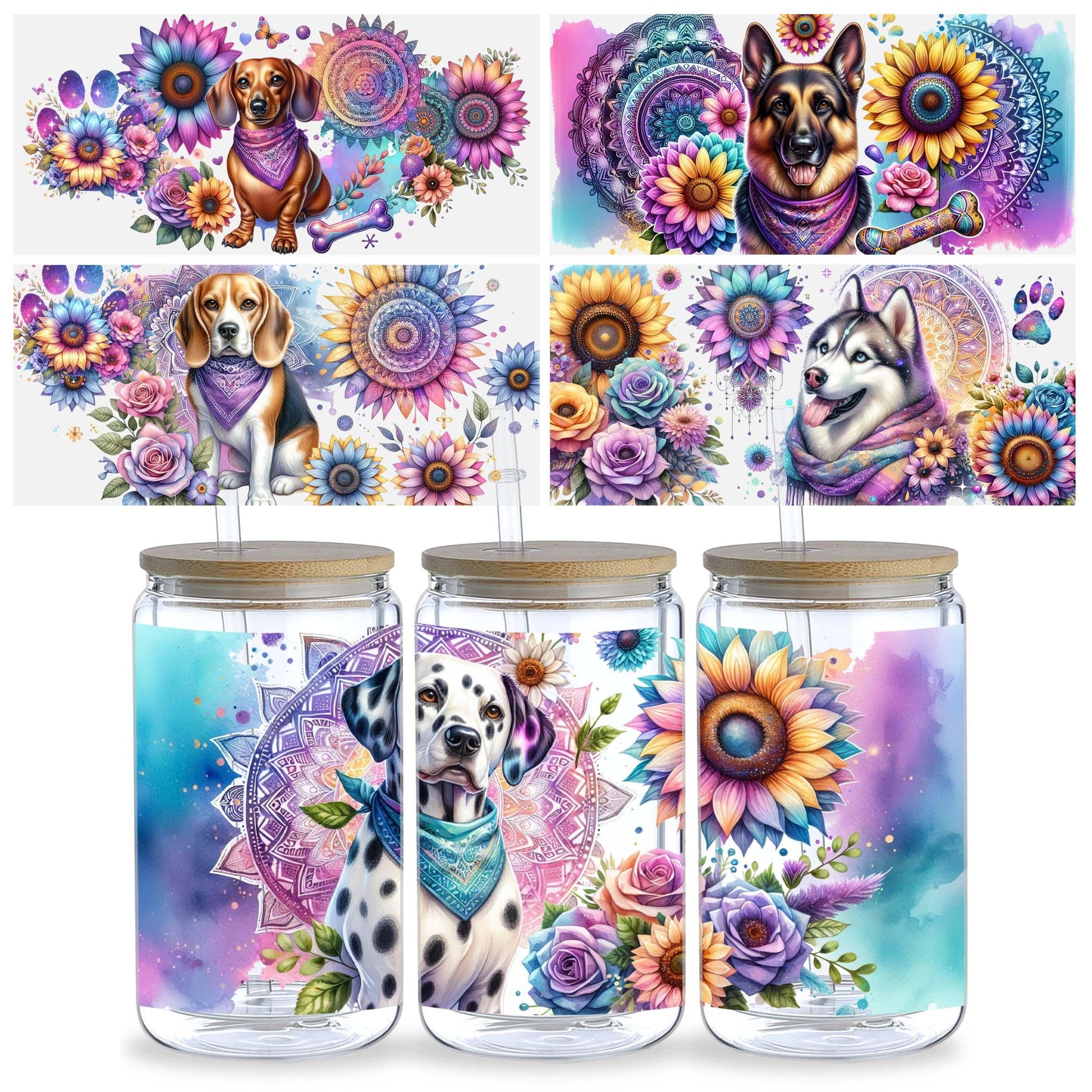 5 Sheets Sunflower Dog UV DTF Cup Stickers, Glass Cup DTF Transfer Stickers, Waterproof Funny Dog Wipeable Transfer Paper for 16 Ounces Glass Cups, Mugs, Crafts, Furniture