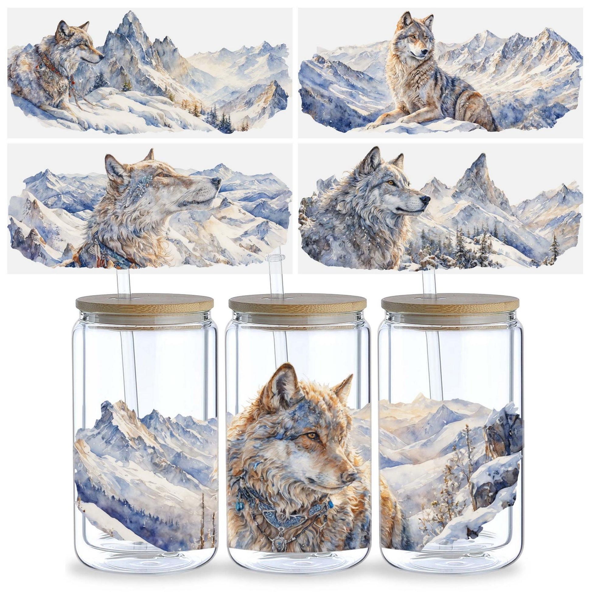 5pcs Wolf-Themed UV DTF Transfer Stickers for 16oz Glass Cups - Waterproof, Scratch-Resistant DIY Decals Featuring Snowy Landscape and Wildlife, Ideal for Home, School, and Craft Projects