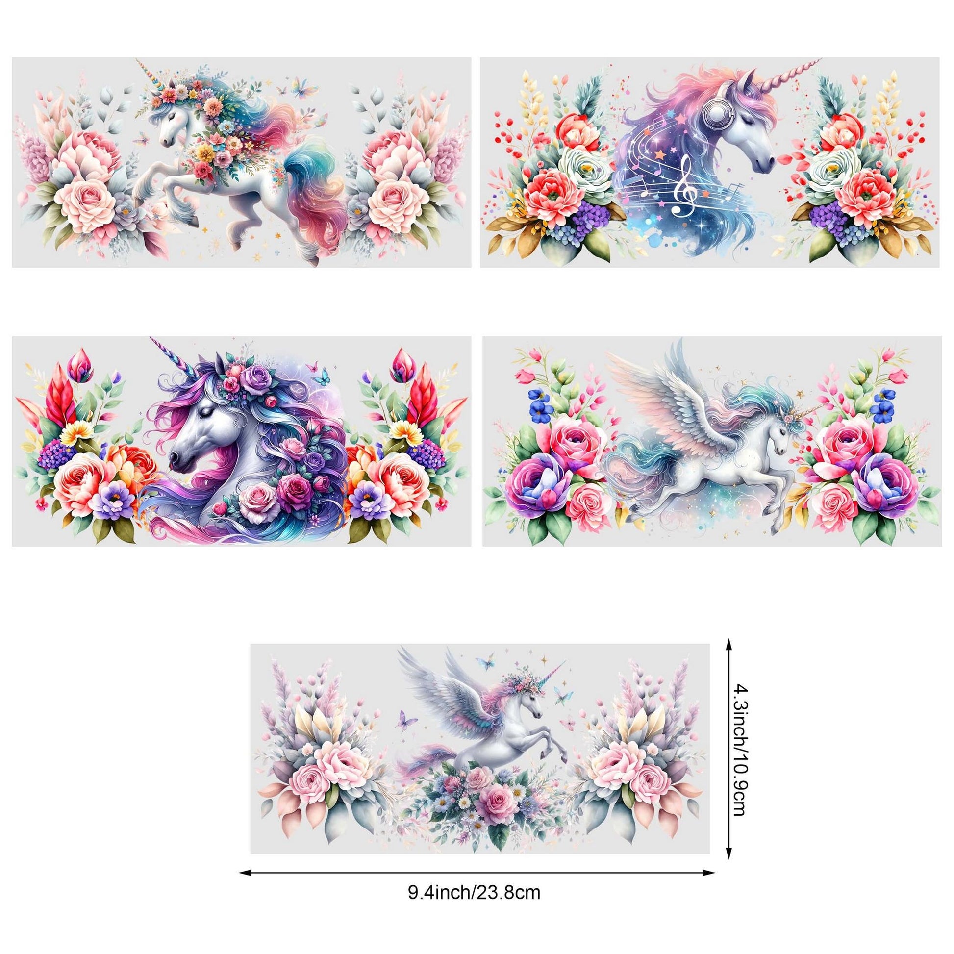 5 Sheets Unicorn UV DTF Cup Holder 16 oz, Beautiful Unicorn DTF Cup Holder Transfer Glass, Water Bottle Waterproof Sticker, Friction Transfer Sticker, Furniture Crafts
