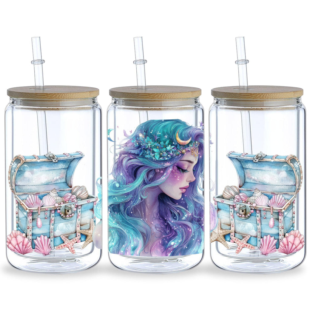 5 Sheets Mermaid UV DTF Cup Stickers, Glass Cup DTF Transfer Stickers, Waterproof Beautiful Mermaid Wipeable Transfer Paper for 16 Ounces Glass Cups, Mugs, Crafts, Furniture