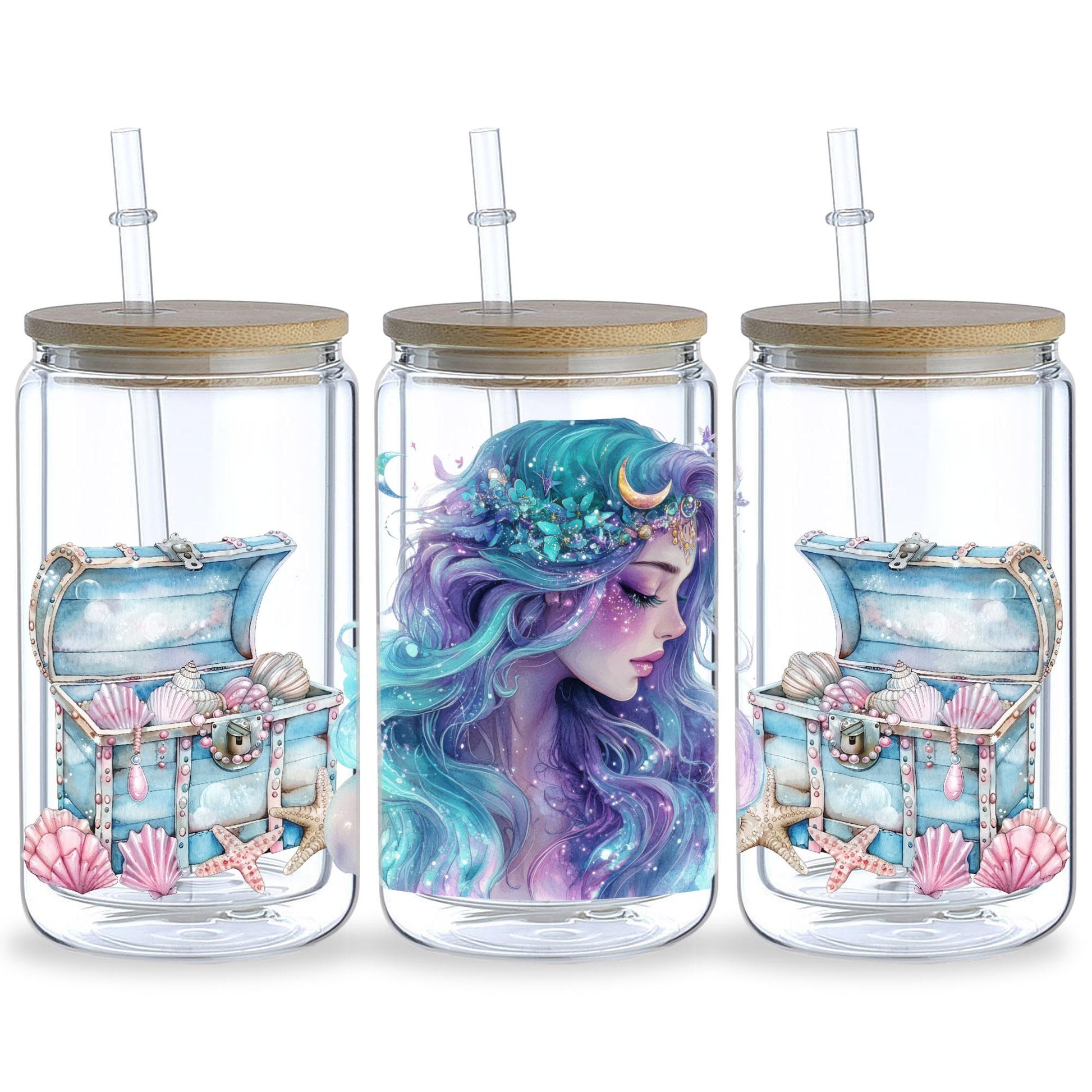 5 Sheets Mermaid UV DTF Cup Stickers, Glass Cup DTF Transfer Stickers, Waterproof Beautiful Mermaid Wipeable Transfer Paper for 16 Ounces Glass Cups, Mugs, Crafts, Furniture