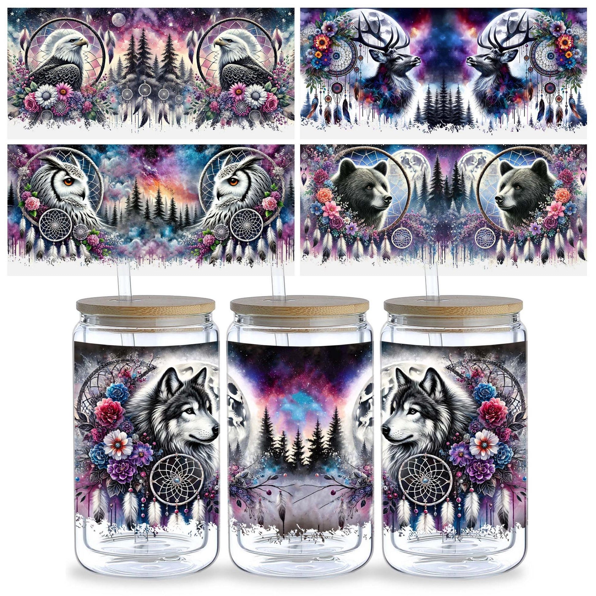 5 sheet Wolf UV DTF cup packaging for 16oz glass cup, waterproof UV DTF stickers for 16oz glass cup, DIY, furniture, crafts