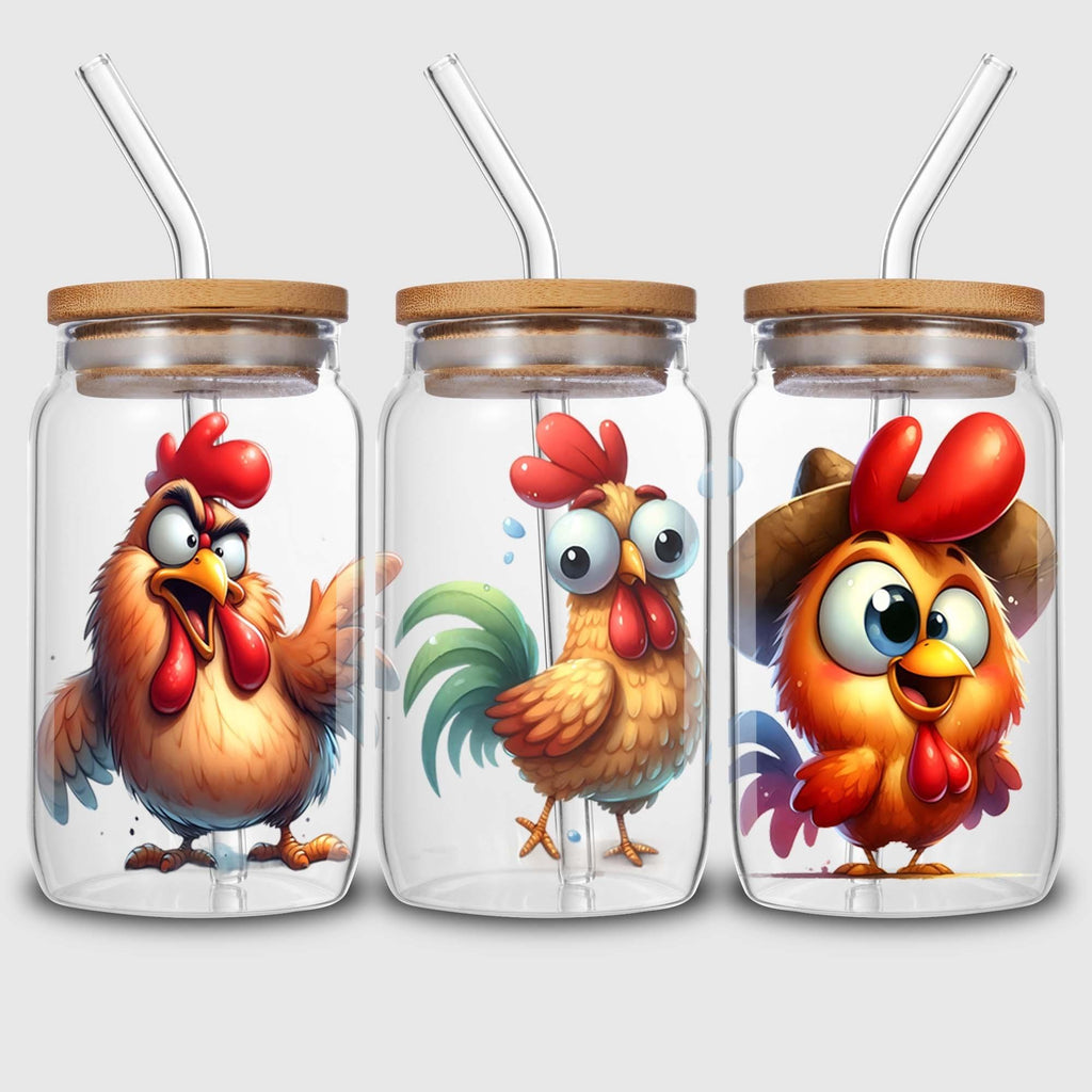 5 Sheet Chicken UV DTF Cup Holder 16 oz, Funny Chicken DTF Cup Holder Transfer Glass, Water Bottle Waterproof Sticker, Friction Transfer Sticker, Furniture Crafts