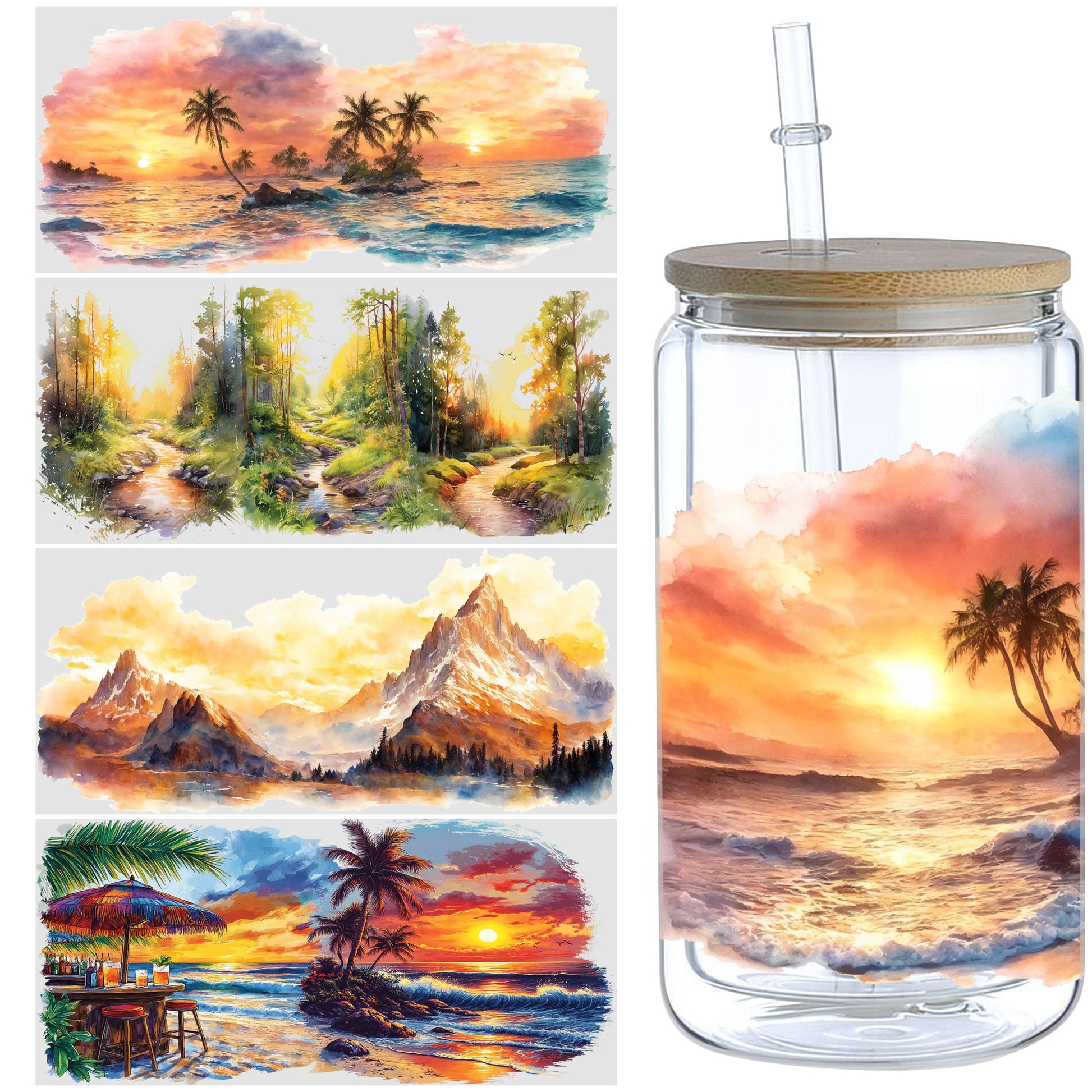 5 sheets Summer Sunset UV DTF cup packaging for 16oz glass cup, waterproof UV DTF stickers for 16oz glass cup, DIY, furniture, crafts