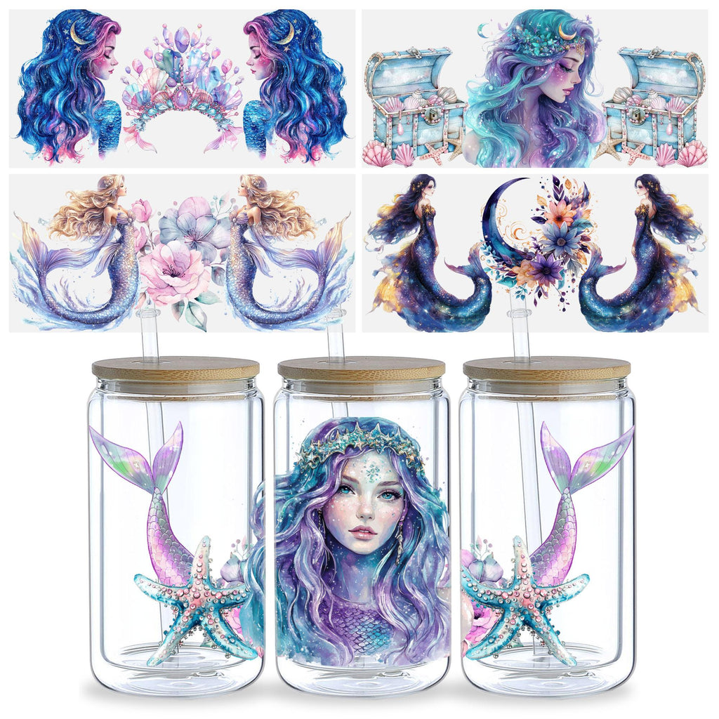 5 Sheets Mermaid UV DTF Cup Stickers, Glass Cup DTF Transfer Stickers, Waterproof Beautiful Mermaid Wipeable Transfer Paper for 16 Ounces Glass Cups, Mugs, Crafts, Furniture