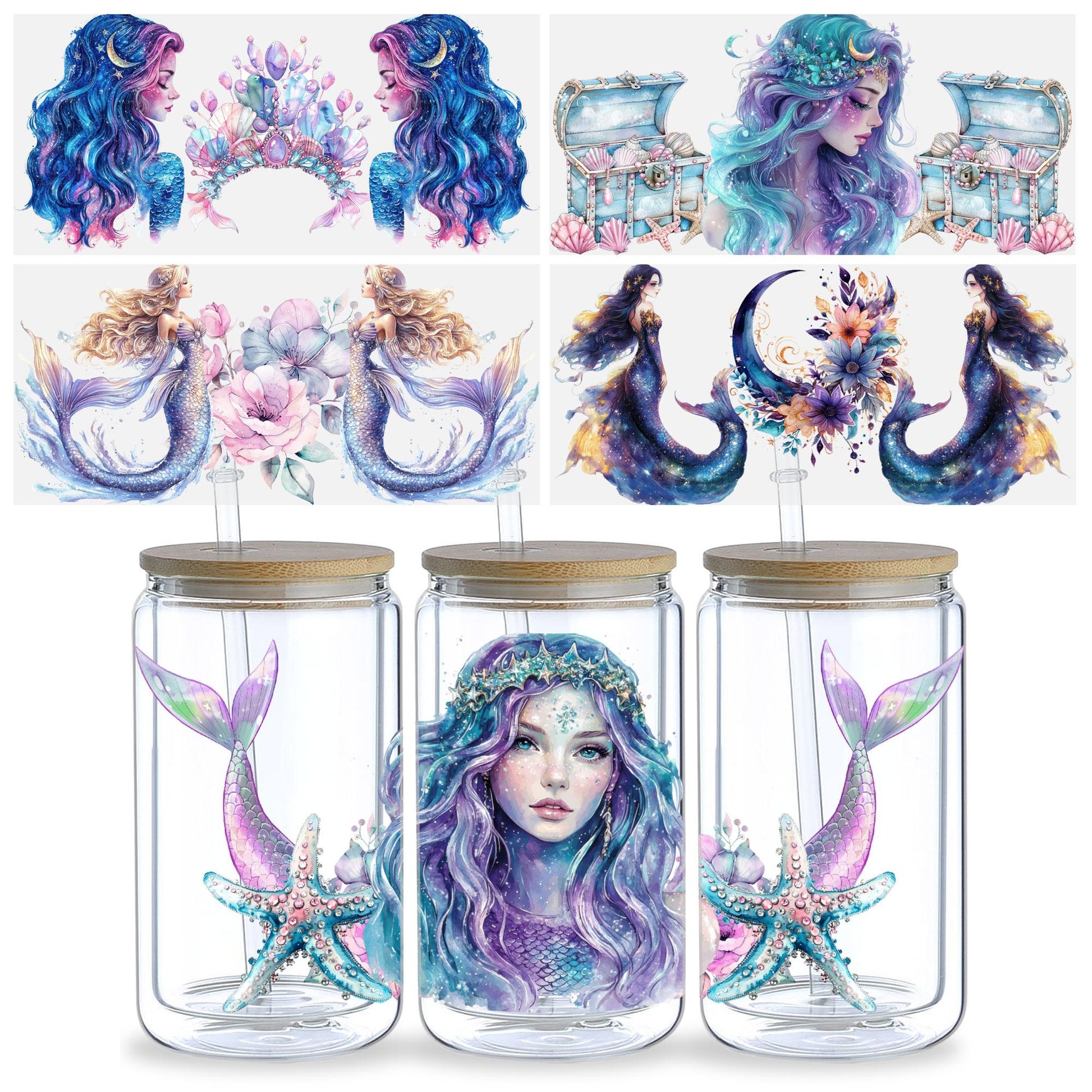 5 Sheets Mermaid UV DTF Cup Stickers, Glass Cup DTF Transfer Stickers, Waterproof Beautiful Mermaid Wipeable Transfer Paper for 16 Ounces Glass Cups, Mugs, Crafts, Furniture