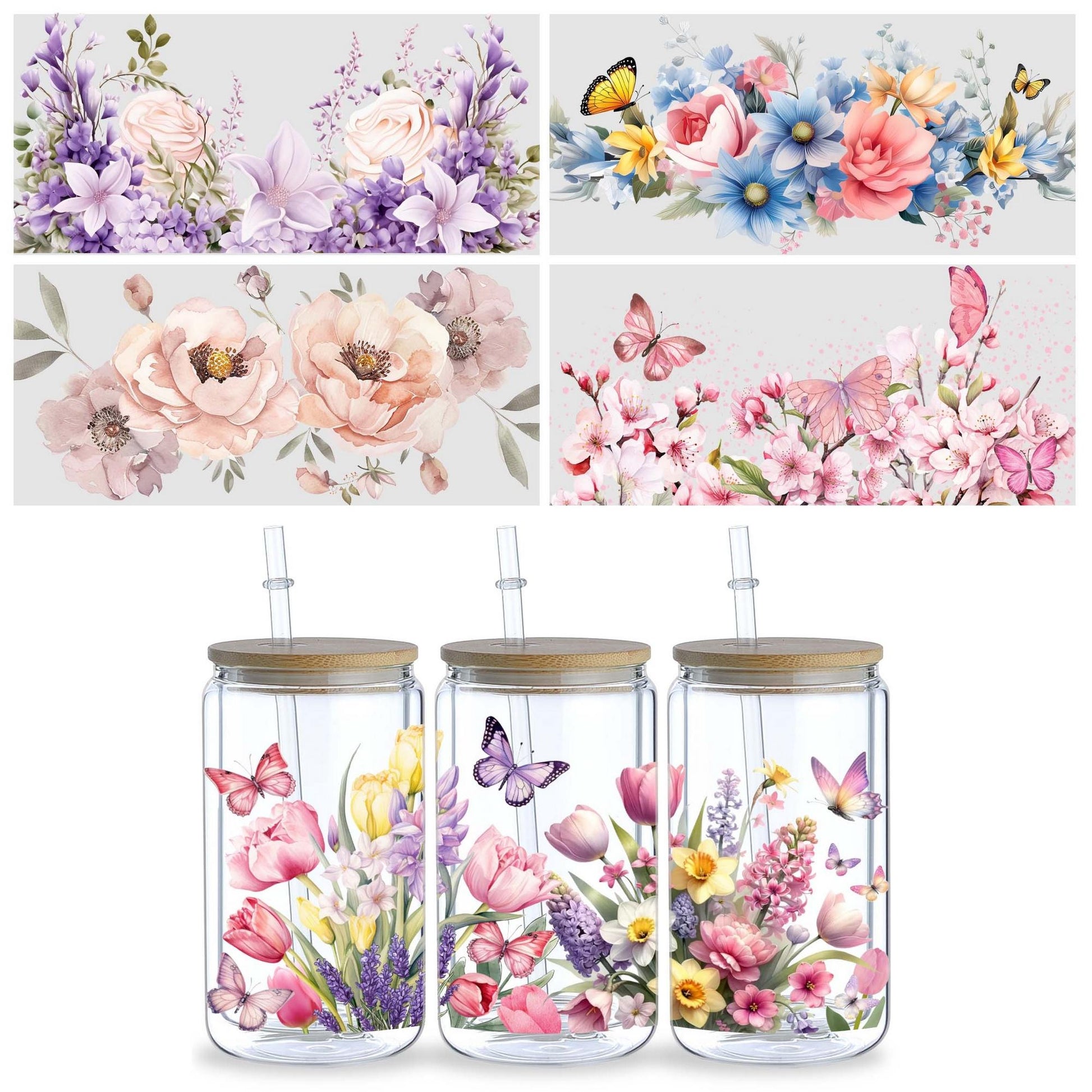 5 sheets flowers UV DTF Cup sticker, glass movement DTF transfer decal, waterproof wipe transfer paper, suitable for 16 oz glass, CUP, crafts, furniture
