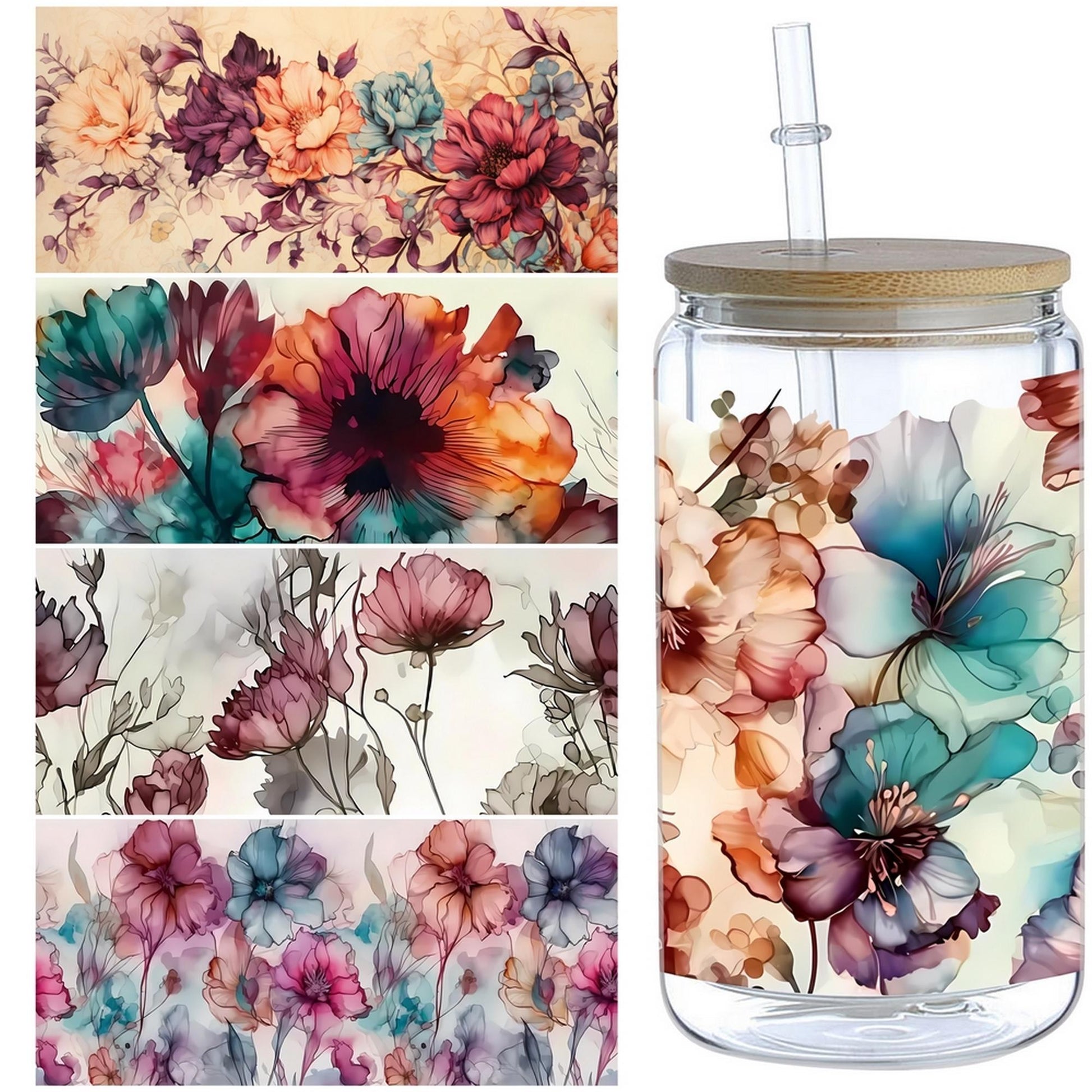 5 Sheets Butterfly and Flowers UV DTF Cup Stickers, Glass Movement DTF Transfer Stickers, Waterproof Wipe Transfer Paper for 16 oz Glass, Mugs, Crafts, Furniture