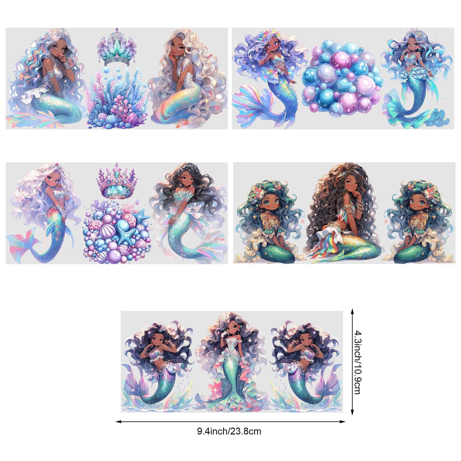 5 Sheets Mermaid UV DTF Cup Sleeve 16oz, DTF Cup Sleeve Transfer Glass, Water Bottle Waterproof Sticker, Friction Transfer Sticker, Furniture Crafts