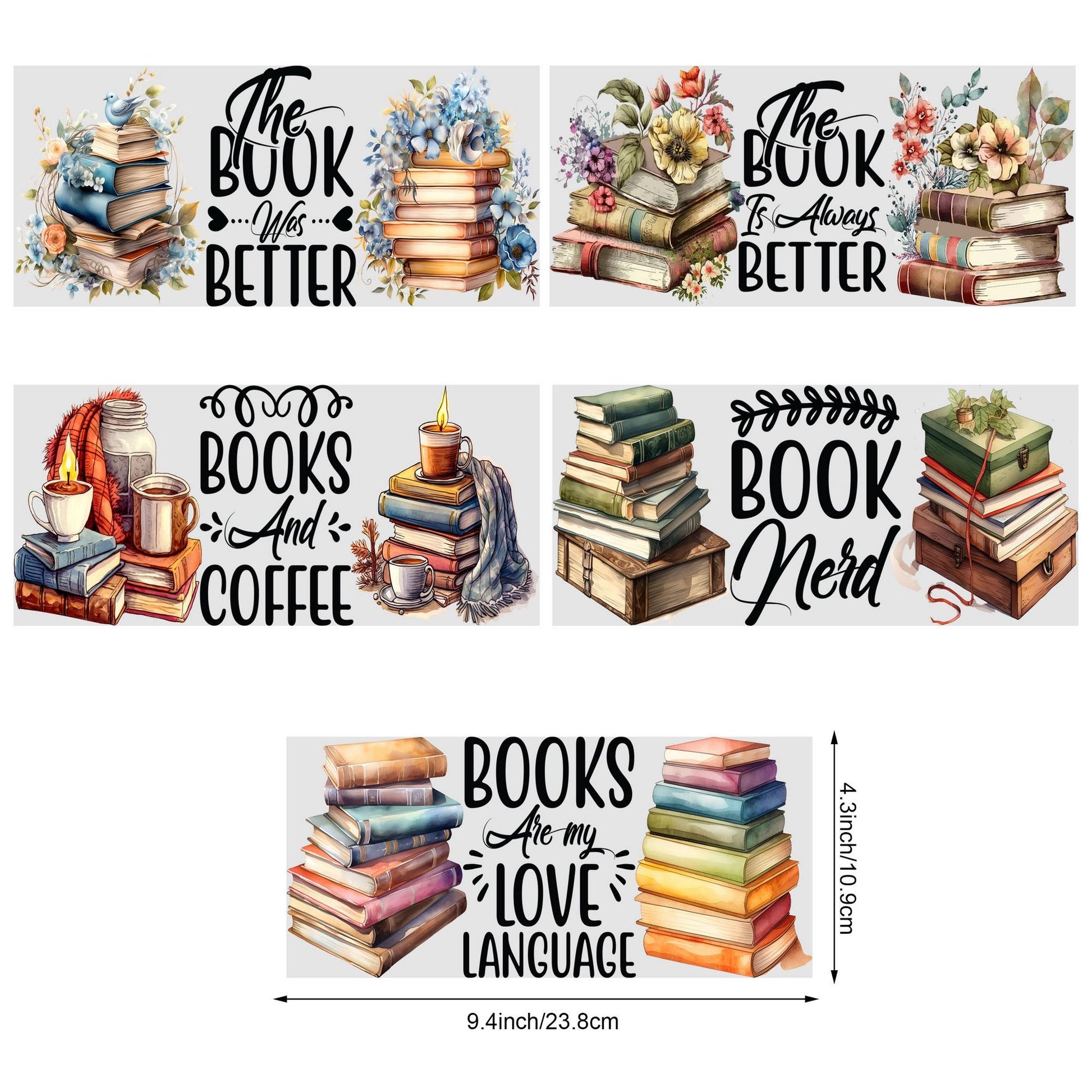 5sheets Book Design UV DTF Cup Stickers, Waterproof Sticker Pack For Decorating Mugs, Cups, Bottles, School Supplies, Etc, Arts Crafts, DIY Art Supplies