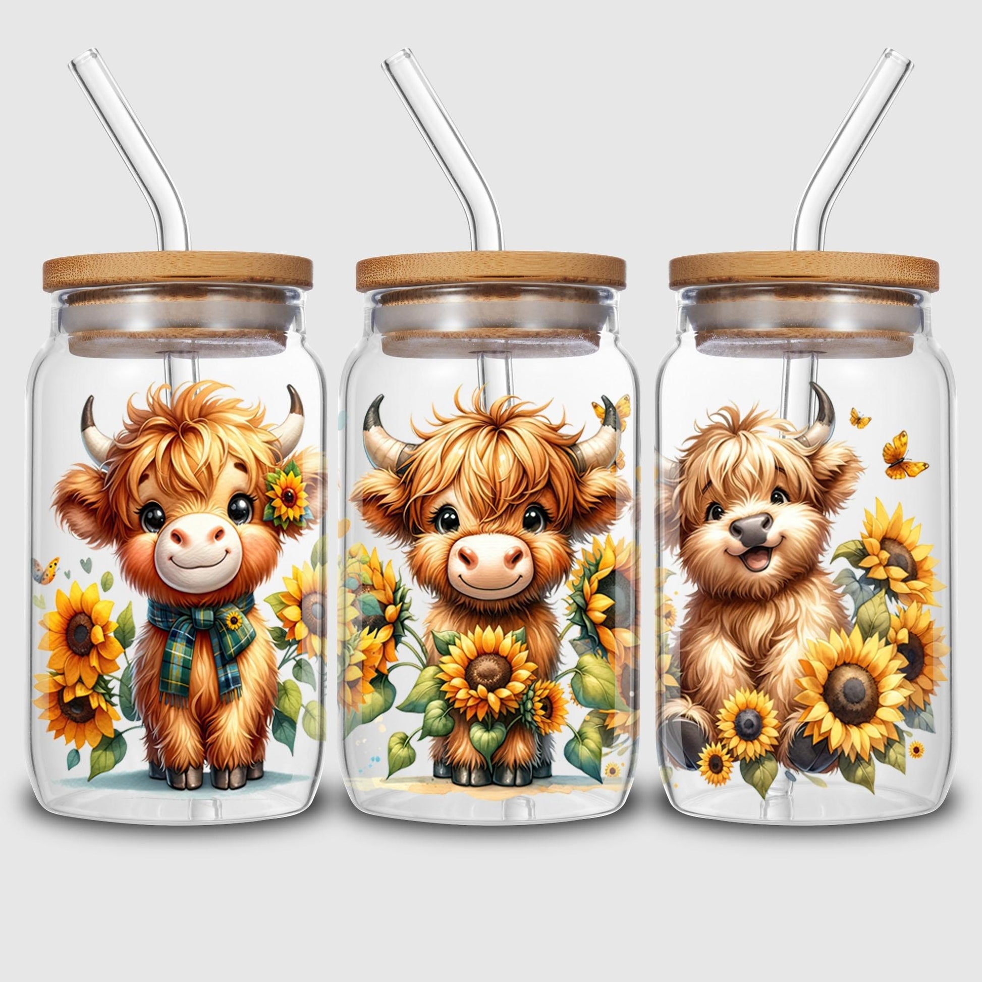 5 Sheets Cow Sunflower UV DTF Cup Stickers, Glass Movement DTF Transfer Stickers, Waterproof Beautiful Wipe-On Transfers for 16 oz Glass, Mugs, Crafts, Furniture