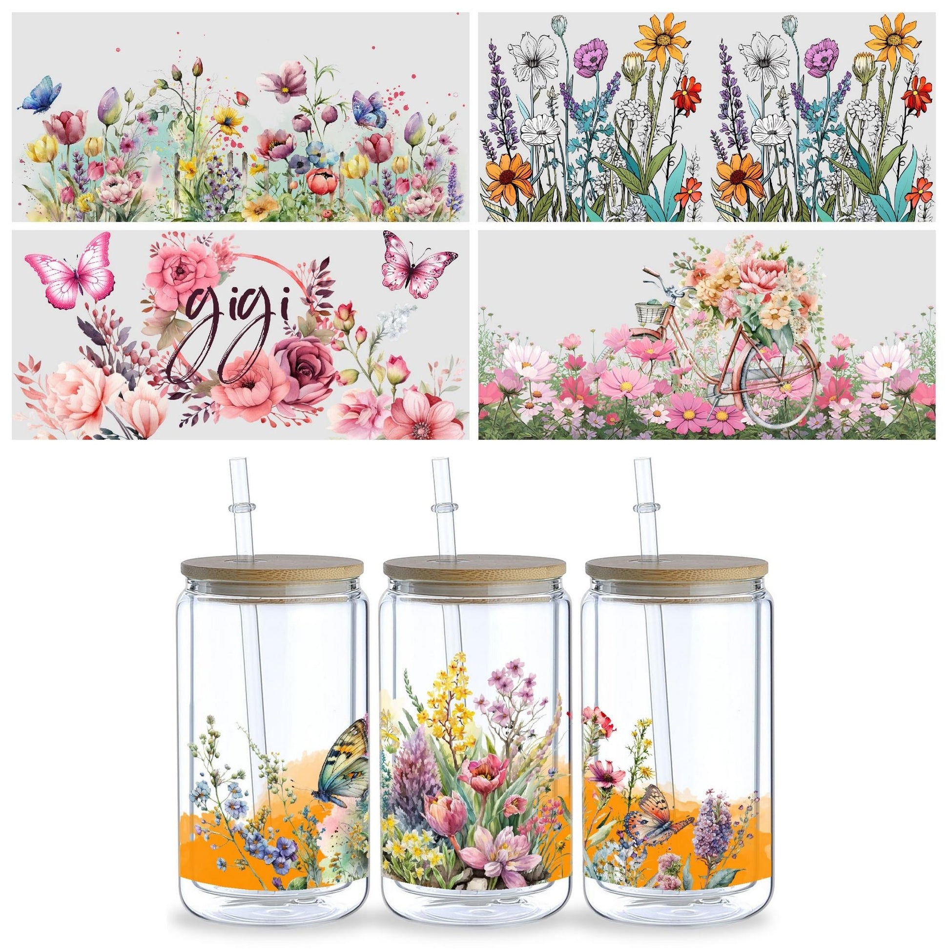5 sheets of plant UV transfer waterproof self-adhesive stickers for mugs water bottles, DTF transfer stickers for 16 oz glass jar packaging, 3d crystal labels waterproof and scratch-resistant, DIY packaging transfer stickers glass cup stickers bottle