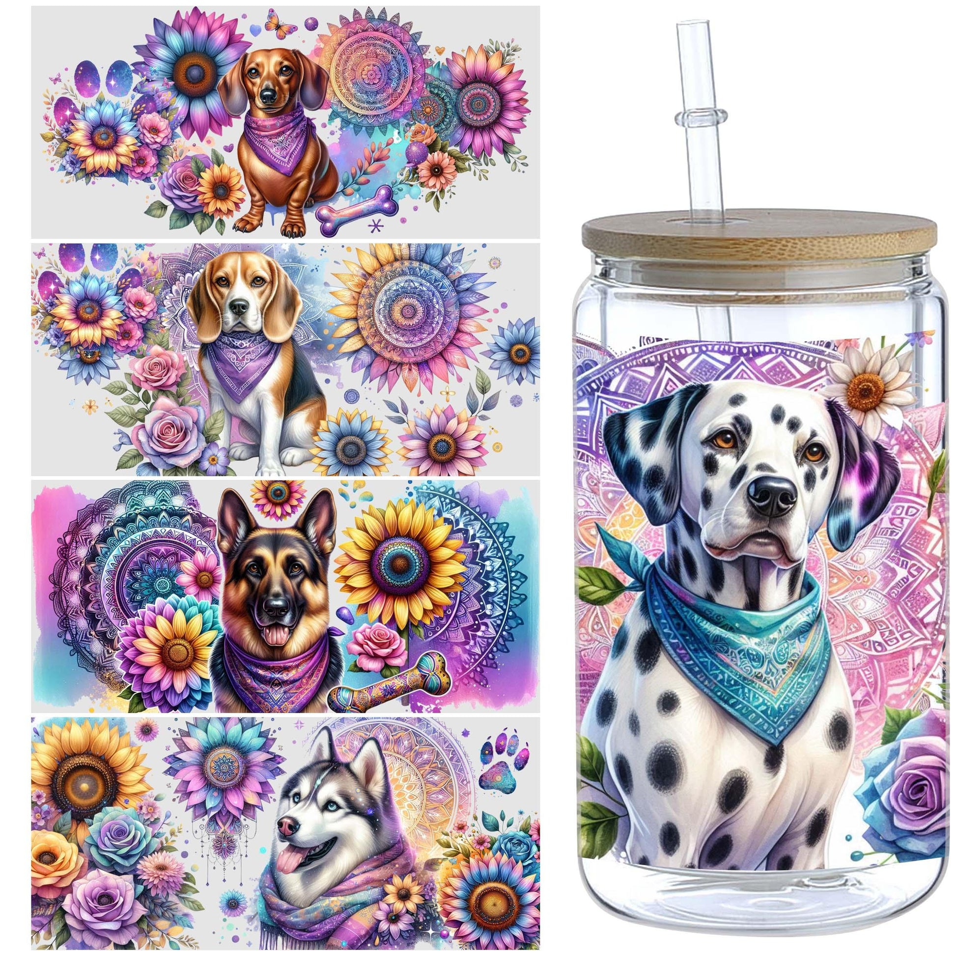 5 Sheets Sunflower Dog UV DTF Cup Stickers, Glass Cup DTF Transfer Stickers, Waterproof Funny Dog Wipeable Transfer Paper for 16 Ounces Glass Cups, Mugs, Crafts, Furniture