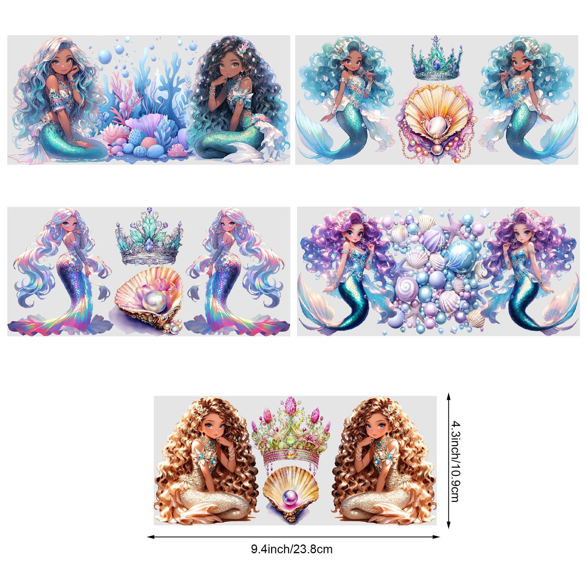 5 Sheets Mermaid UV DTF Cup Sleeve 16oz, DTF Cup Sleeve Transfer Glass, Water Bottle Waterproof Sticker, Friction Transfer Sticker, Furniture Crafts